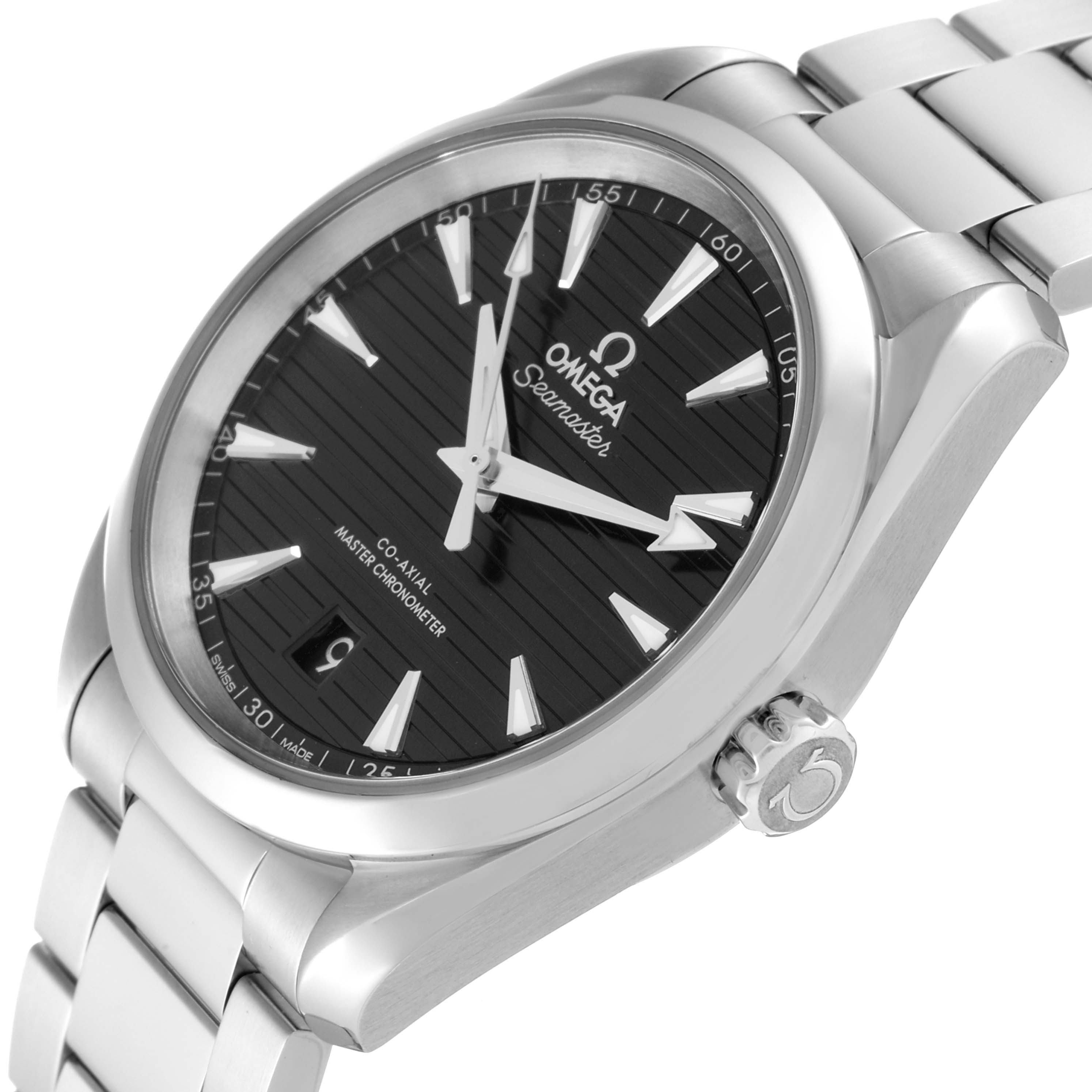 The Omega Aqua Terra 220.10.38.20.01.001 Men's Stainless Steel Black Dial 220.10.38.20.01.001 Men's Stainless Steel Black Dial watch is shown at an angle highlighting the dial, bezel, and bracelet.