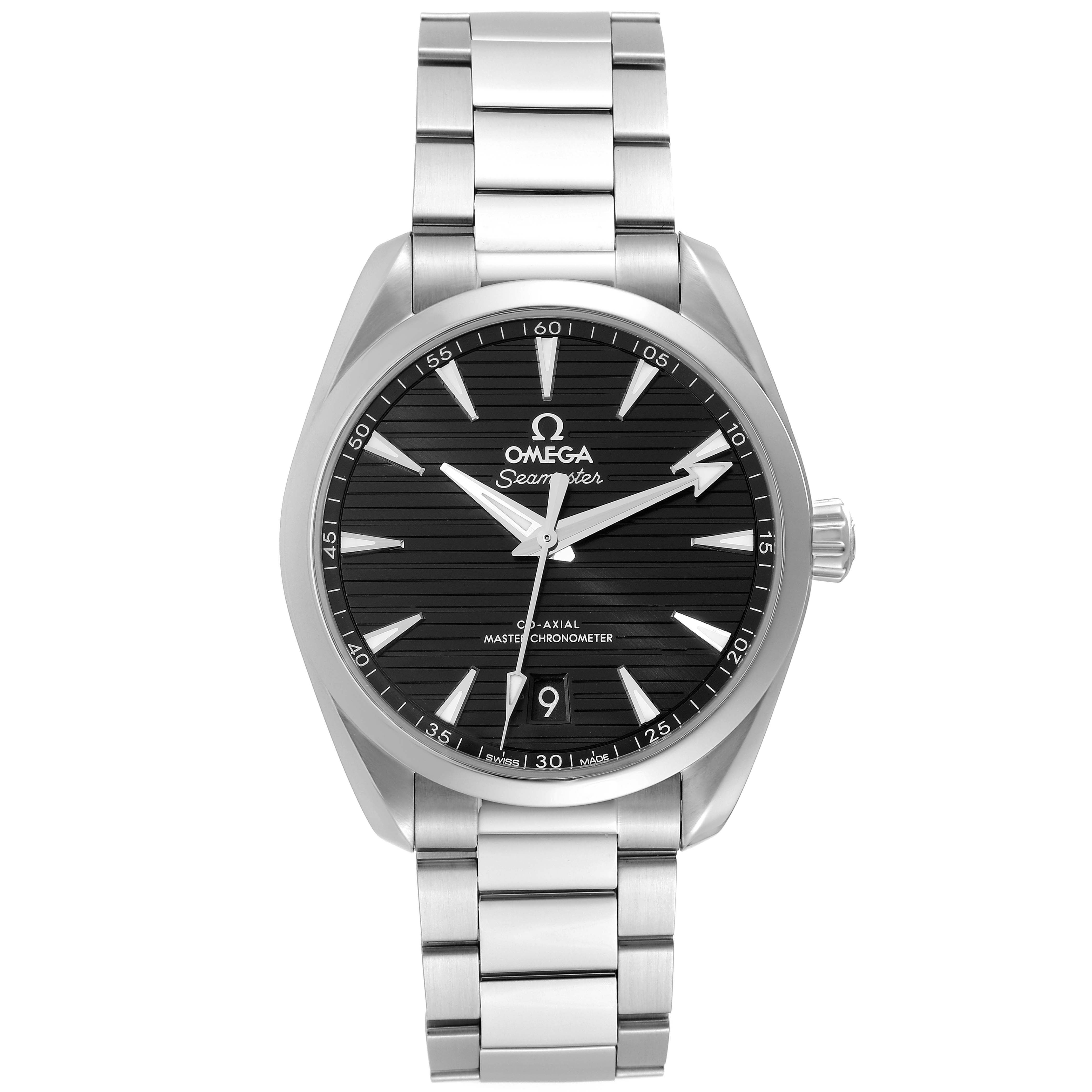 The image shows a front view of the Omega Aqua Terra 220.10.38.20.01.001 Men's Stainless Steel Black Dial 220.10.38.20.01.001 Men's Stainless Steel Black Dial watch with a black dial and a metal bracelet.