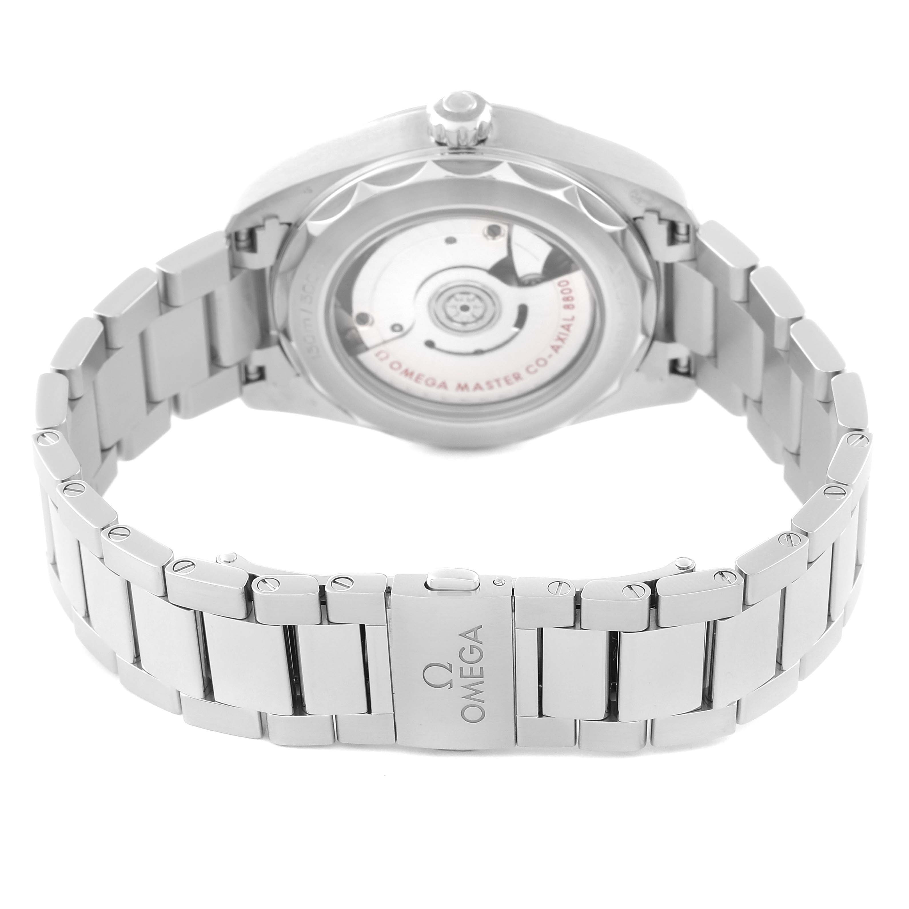 The Omega Aqua Terra 220.10.38.20.01.001 Men's Stainless Steel Black Dial 220.10.38.20.01.001 Men's Stainless Steel Black Dial watch is shown from the back, highlighting its metal bracelet, clasp, and the exhibition case back.