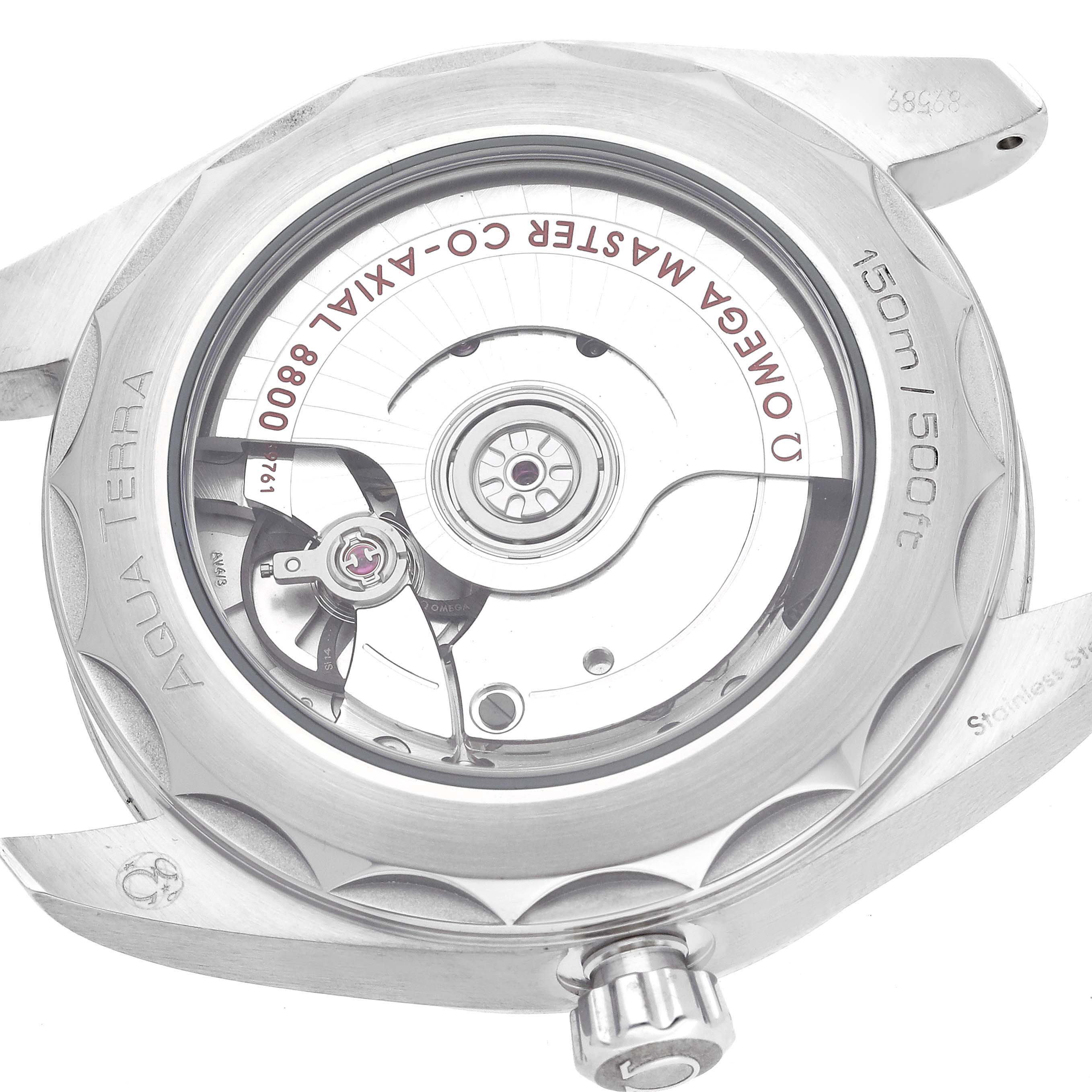 This image shows the back view of the Omega Aqua Terra 220.10.38.20.01.001 Men's Stainless Steel Black Dial 220.10.38.20.01.001 Men's Stainless Steel Black Dial watch, highlighting its mechanical movement and case details.