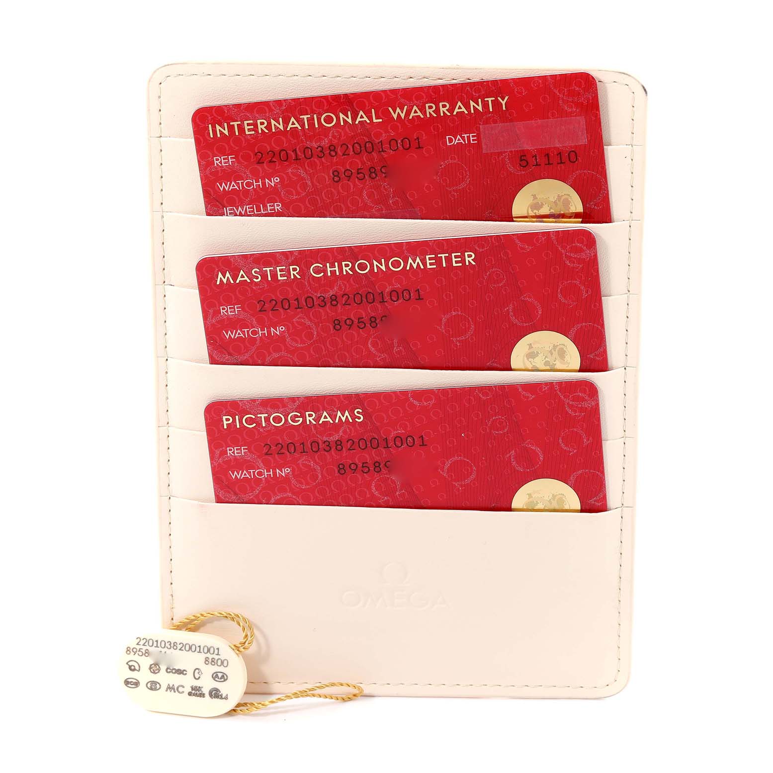 This image shows the warranty cards and certification documents for the Omega Aqua Terra 220.10.38.20.01.001 Men's Stainless Steel Black Dial 220.10.38.20.01.001 Men's Stainless Steel Black Dial model, neatly arranged in a white card holder.