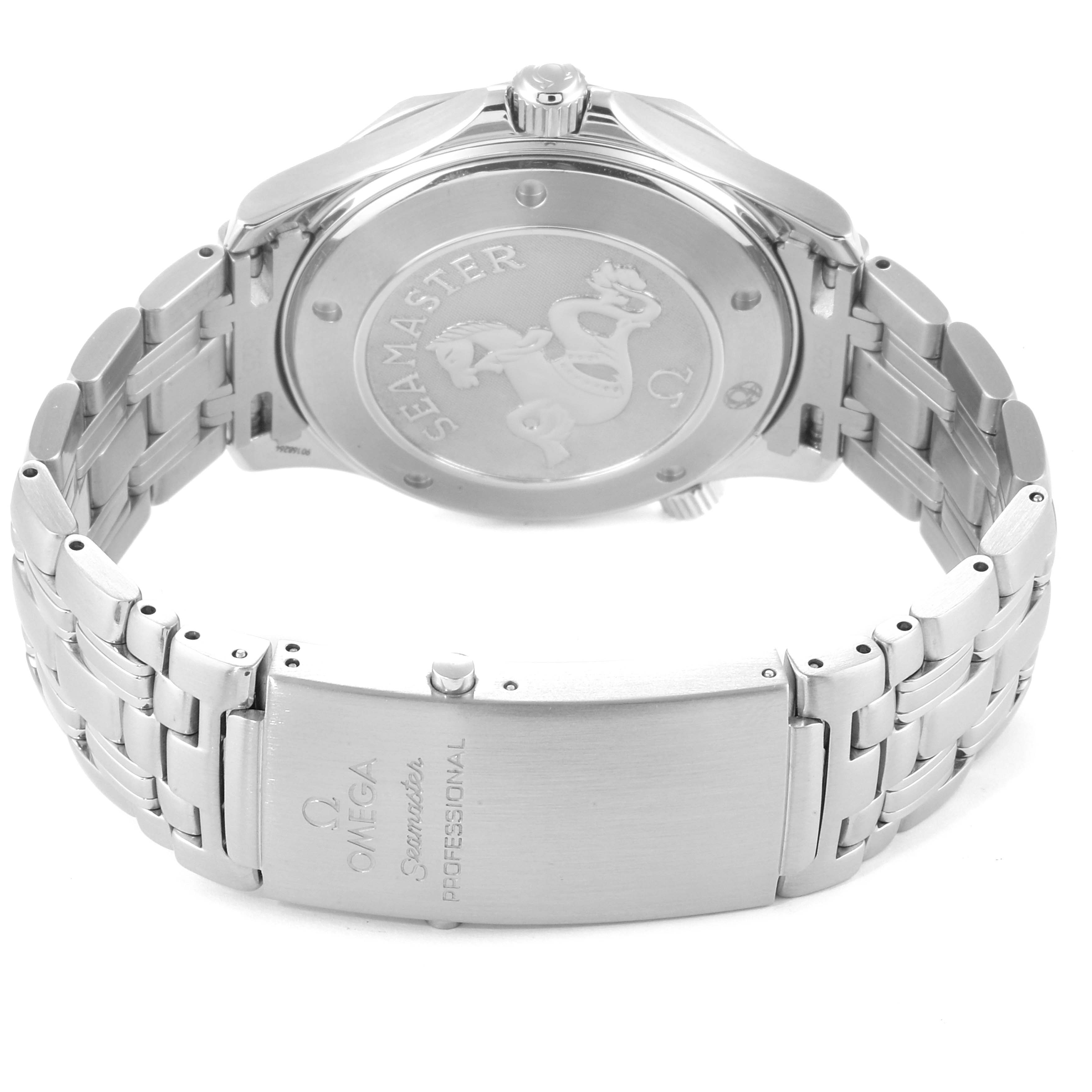 The image shows the back case, crown, and clasp of the Omega Seamaster 2221.80.00 Men
s Stainless Steel Blue Dial 2221.80.00 Men
s Stainless Steel Blue Dial watch, focusing on its engraving details.