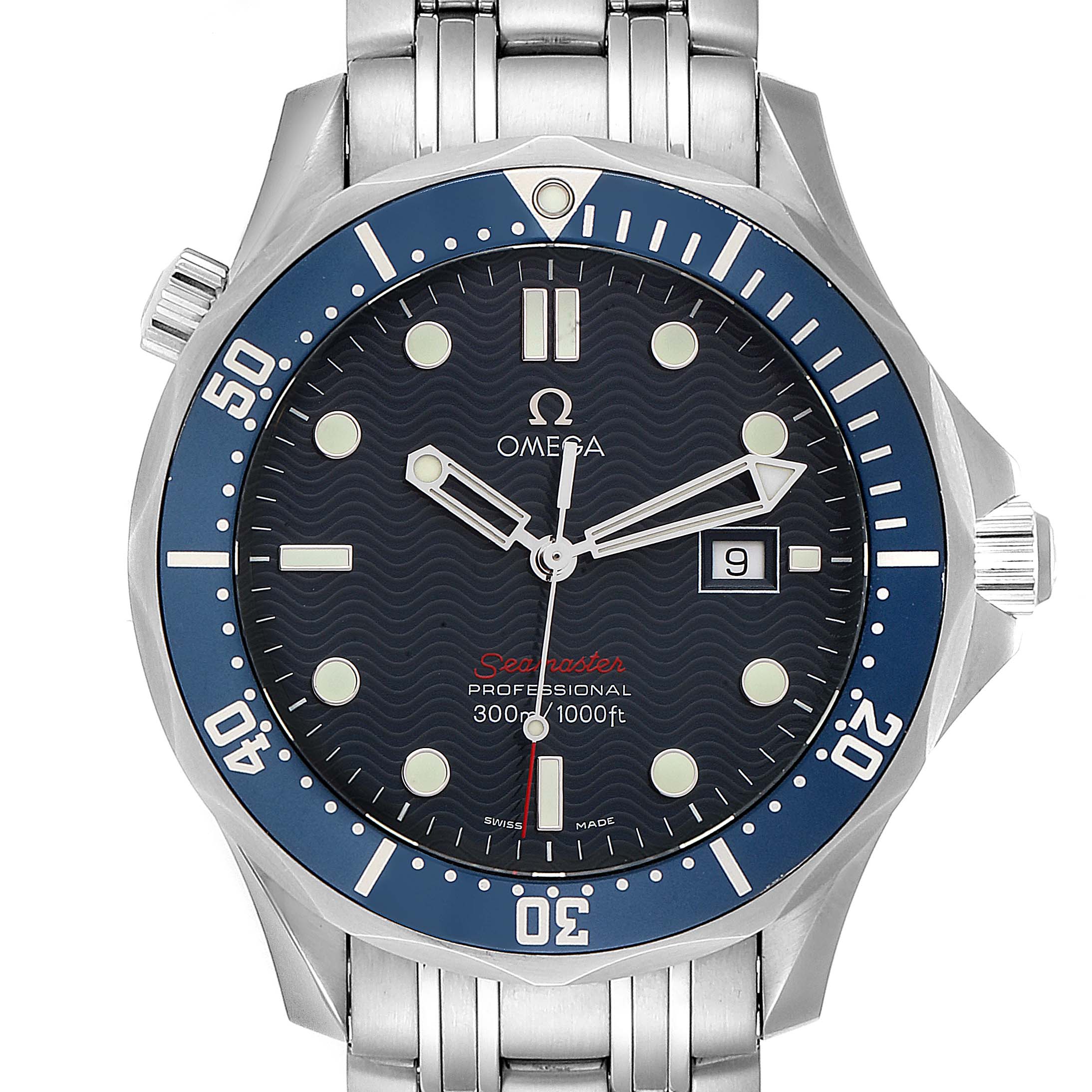 The image shows a front view of the Omega Seamaster 2221.80.00 Men
s Stainless Steel Blue Dial 2221.80.00 Men
s Stainless Steel Blue Dial watch, showcasing its dial, hands, bezel, and a portion of its bracelet.
