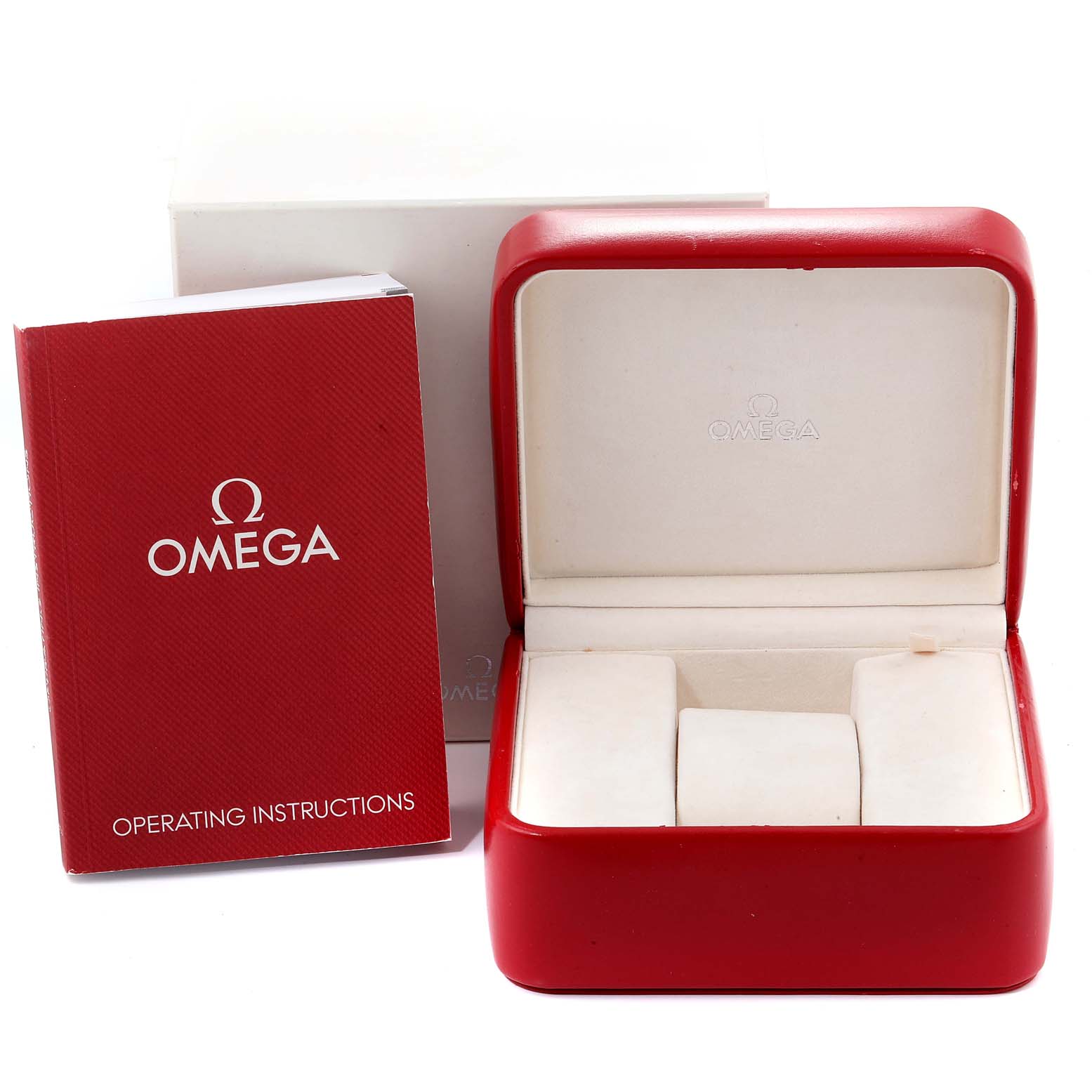 Image shows an Omega Seamaster 2221.80.00 Men
s Stainless Steel Blue Dial 2221.80.00 Men
s Stainless Steel Blue Dial watch
s red operating instructions booklet, a red watch box, and a white outer box.