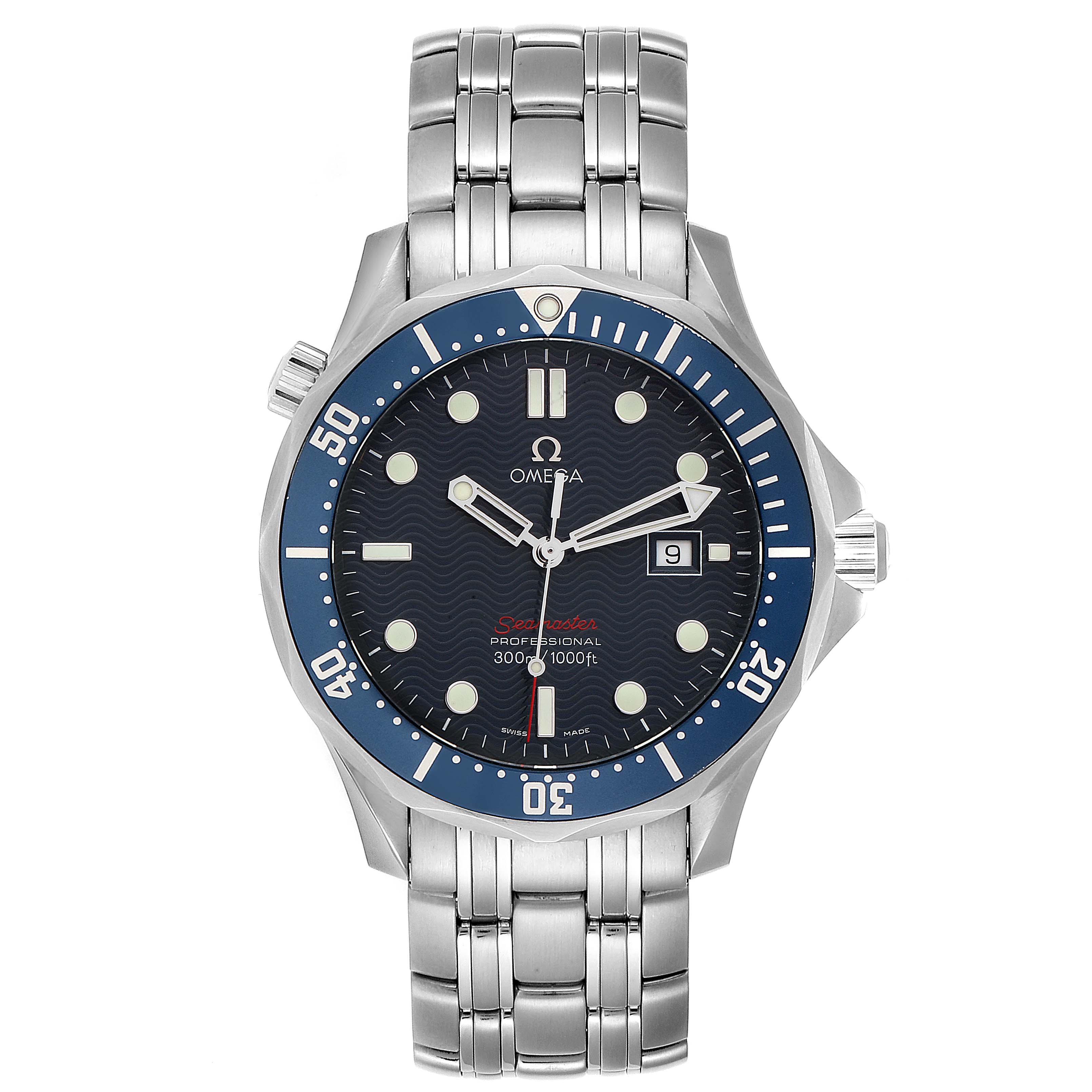 The image shows a front view of the Omega Seamaster 2221.80.00 Men
s Stainless Steel Blue Dial 2221.80.00 Men
s Stainless Steel Blue Dial watch, displaying the bezel, dial, hands, markers, and stainless steel bracelet.