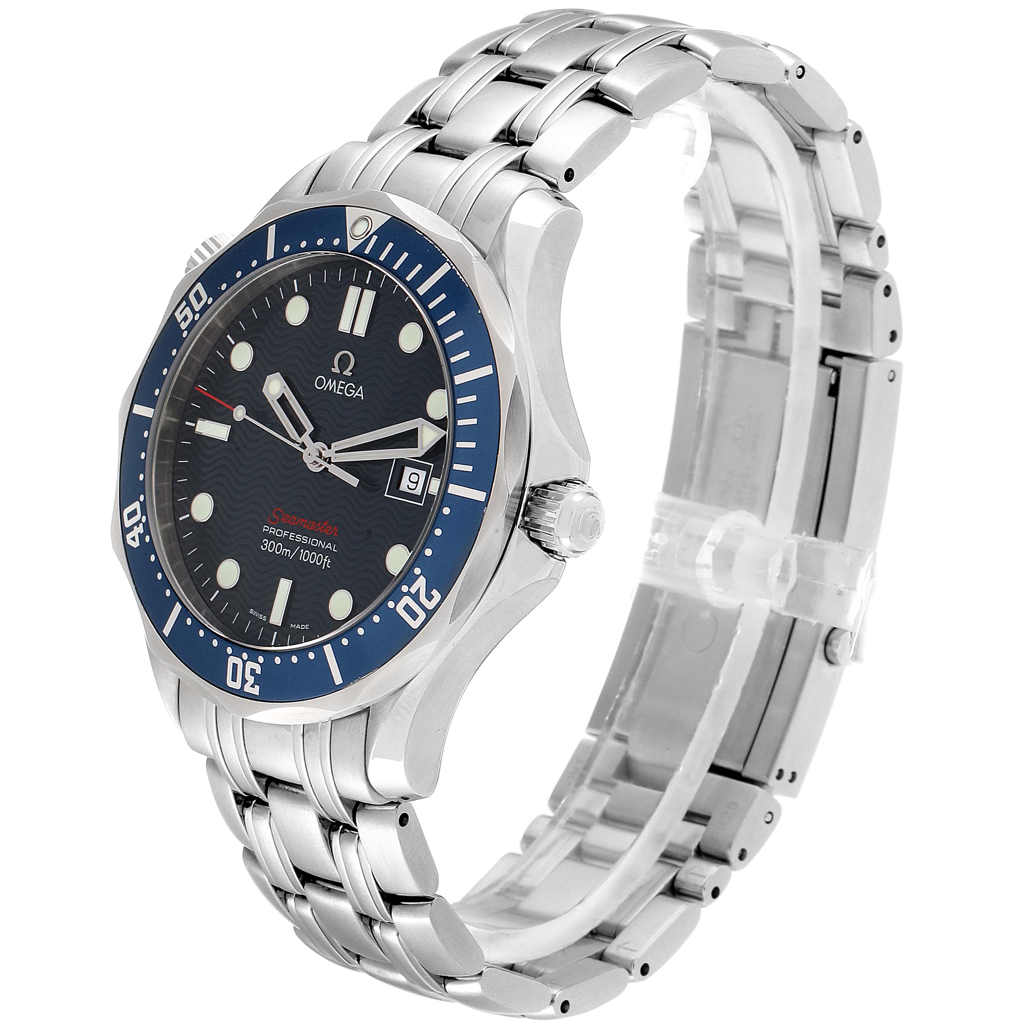 The image shows a side-angle view of an Omega Seamaster 2221.80.00 Men
s Stainless Steel Blue Dial 2221.80.00 Men
s Stainless Steel Blue Dial watch, highlighting the face, bezel, crown, and metal bracelet.
