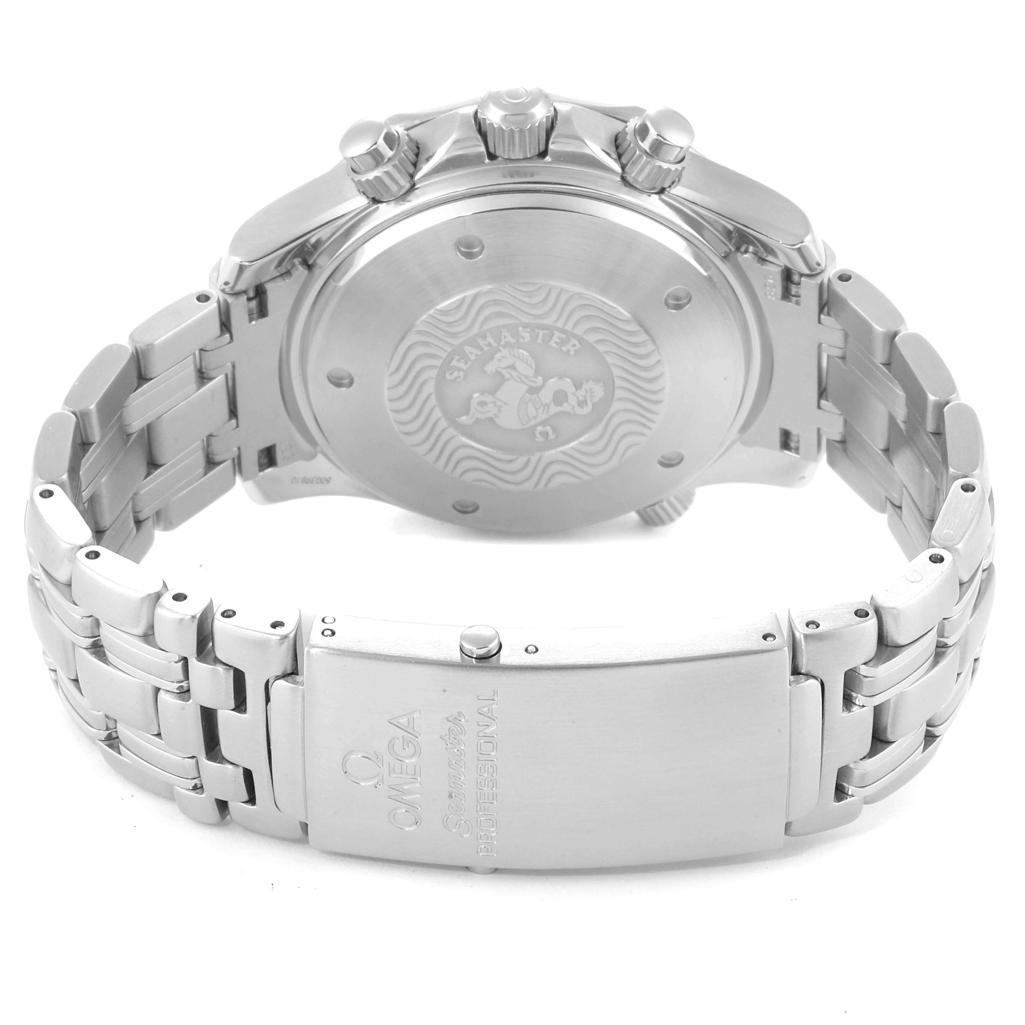 The image shows the back view of the Omega Seamaster 2599.80.00 Men
s Stainless Steel Blue Dial 2599.80.00 Men
s Stainless Steel Blue Dial watch, highlighting the case back, bracelet, and clasp.