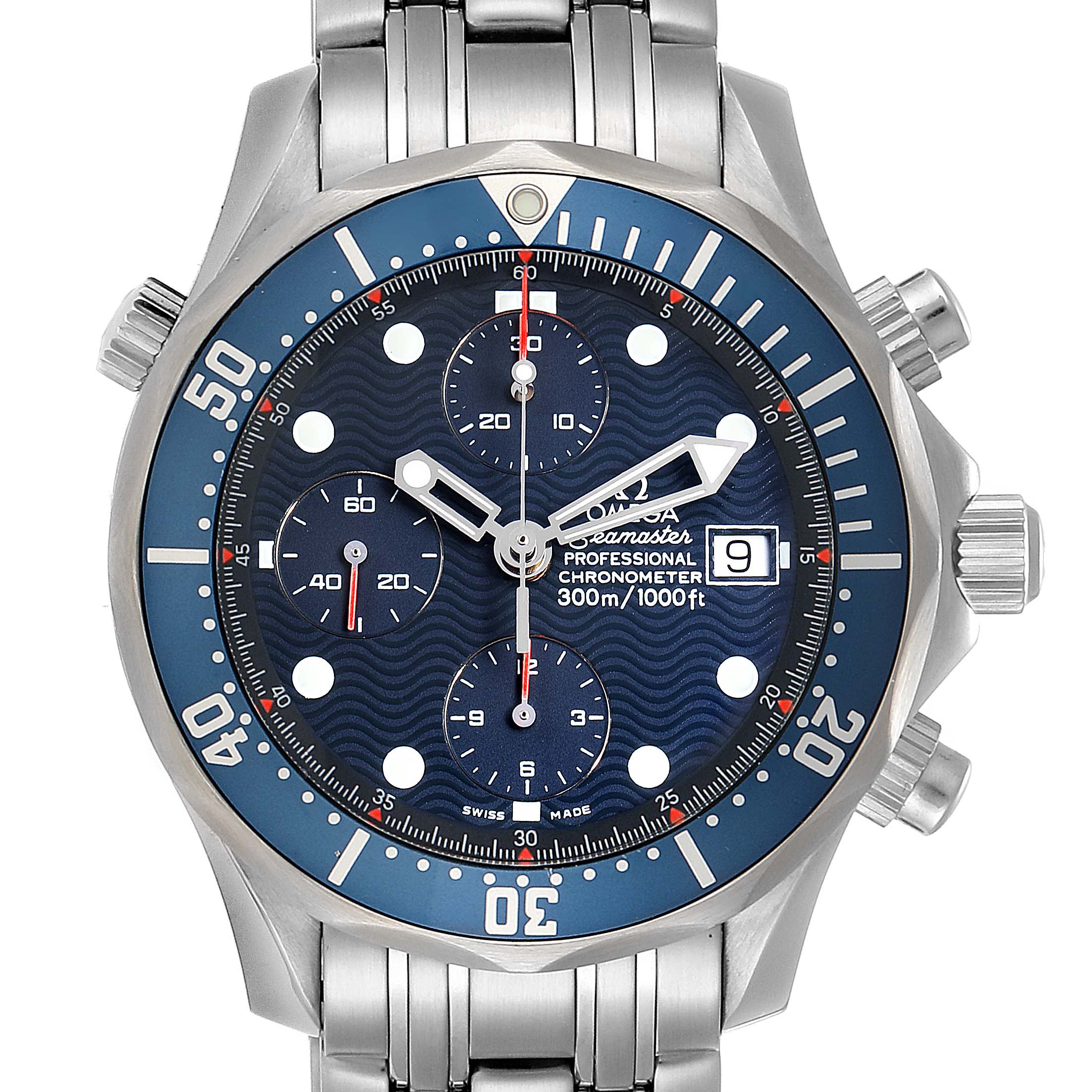The image shows a front view of the Omega Seamaster 2599.80.00 Men
s Stainless Steel Blue Dial 2599.80.00 Men
s Stainless Steel Blue Dial Professional Chronometer watch, highlighting the face, bezel, crown, and bracelet.