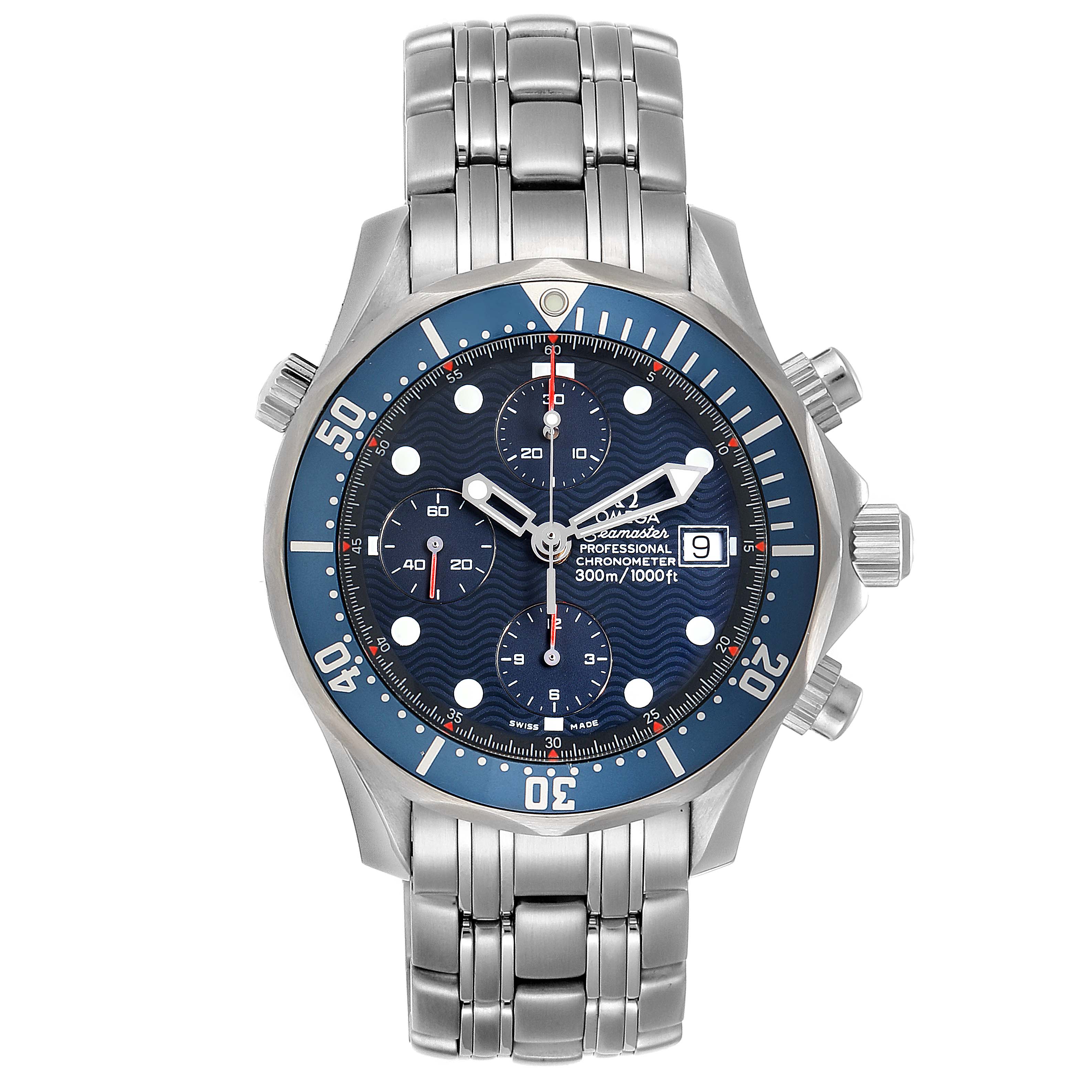The Omega Seamaster 2599.80.00 Men
s Stainless Steel Blue Dial 2599.80.00 Men
s Stainless Steel Blue Dial watch is shown from a front angle, highlighting the blue dial, bezel, subdials, and date window along with the stainless steel bracelet.