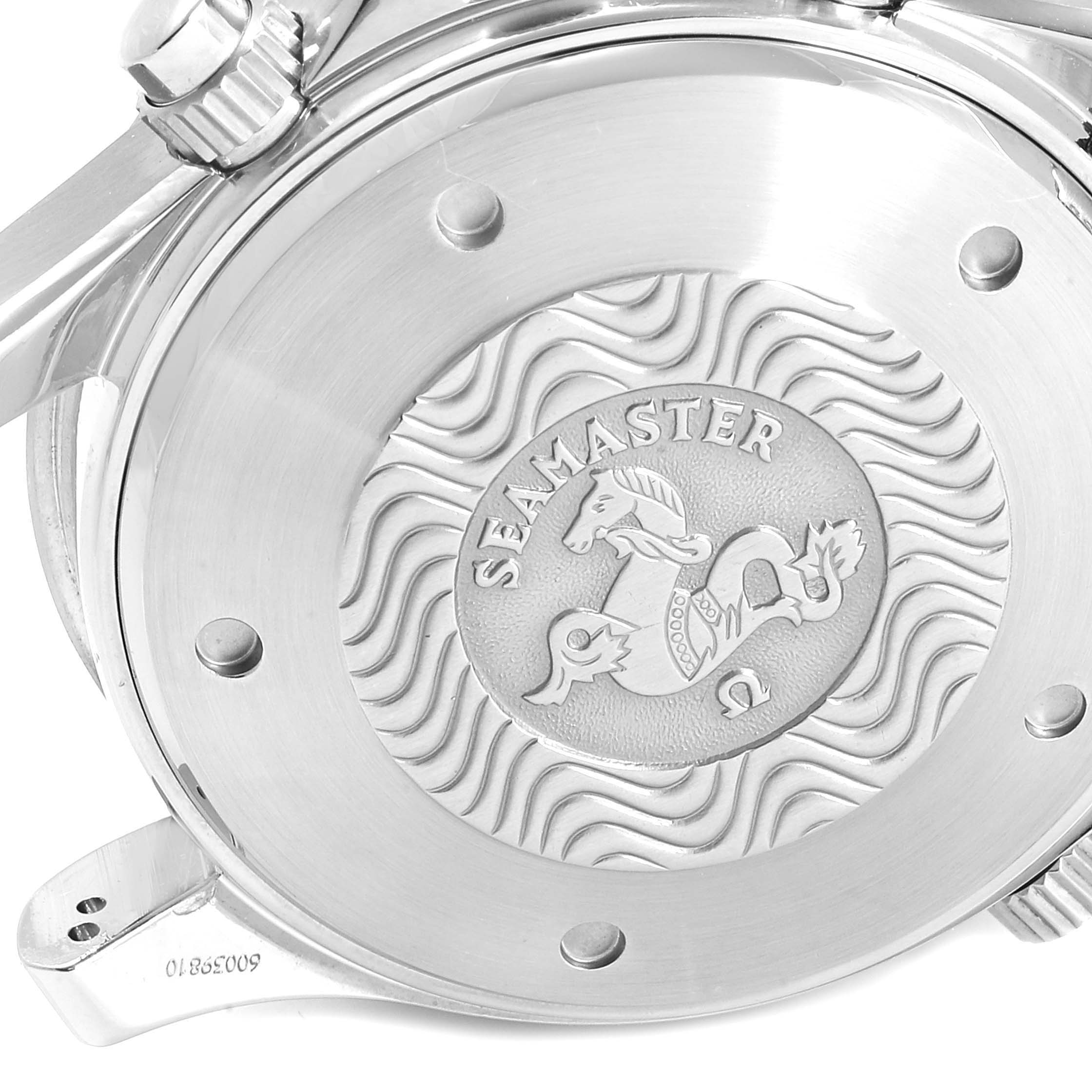 The image shows the case back of an Omega Seamaster 2599.80.00 Men
s Stainless Steel Blue Dial 2599.80.00 Men
s Stainless Steel Blue Dial watch with an embossed design.