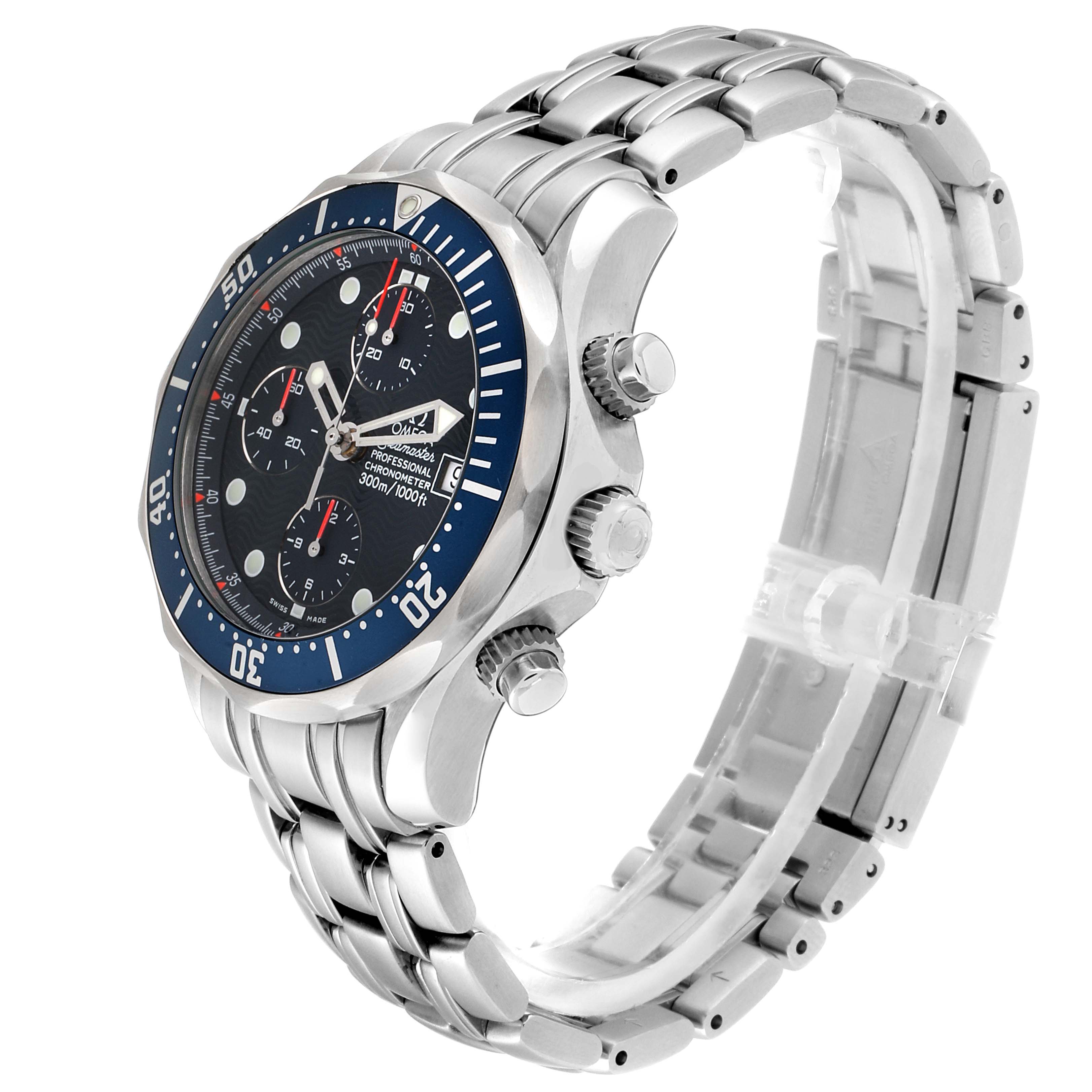 This image shows a side-angle view of an Omega Seamaster 2599.80.00 Men
s Stainless Steel Blue Dial 2599.80.00 Men
s Stainless Steel Blue Dial watch, displaying the bracelet, bezel, and chronograph dials.