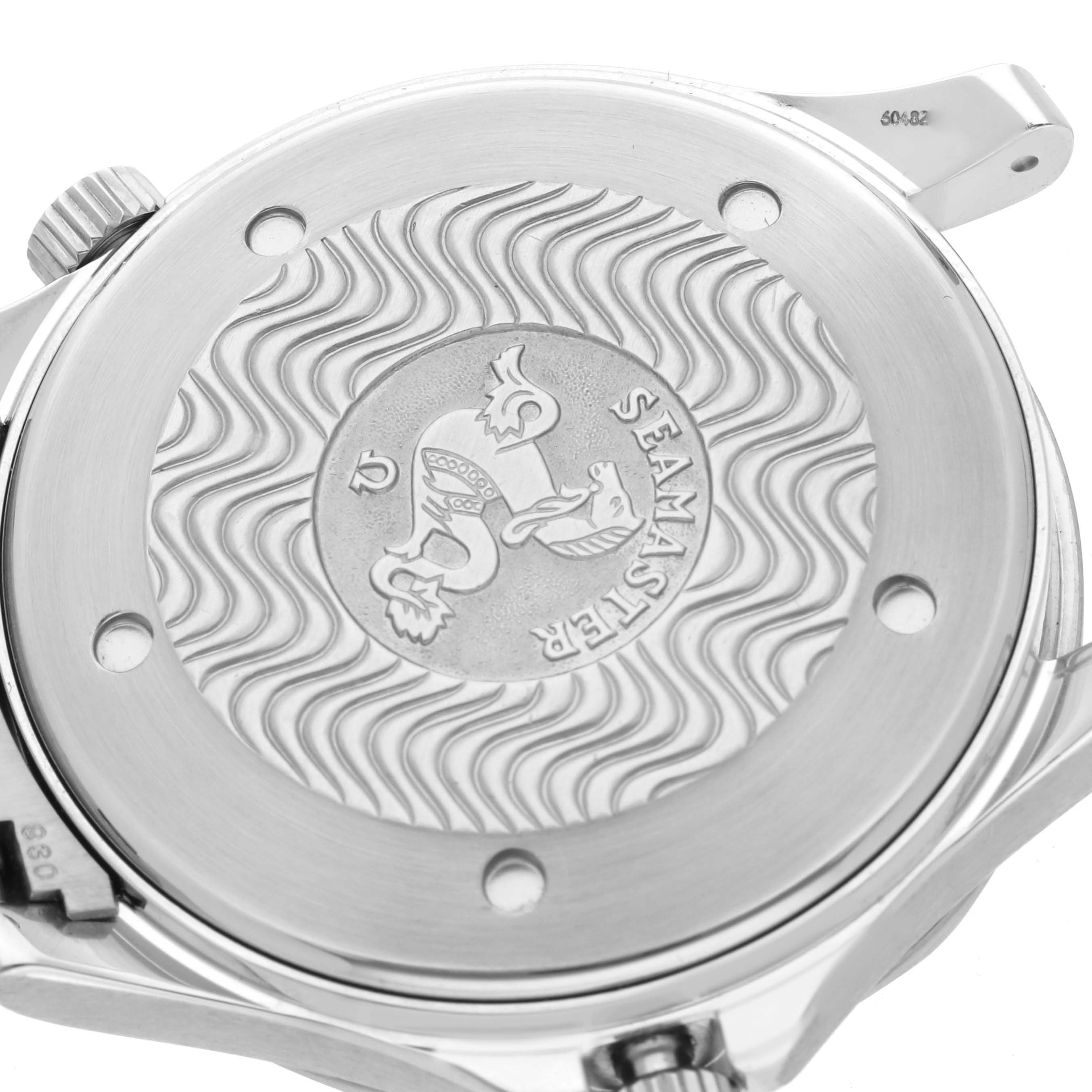 The image shows the case back of an Omega Seamaster 2254.50.00 Men's Stainless Steel Black Dial 2254.50.00 Men's Stainless Steel Black Dial watch, featuring a wavy pattern and embossed logo.