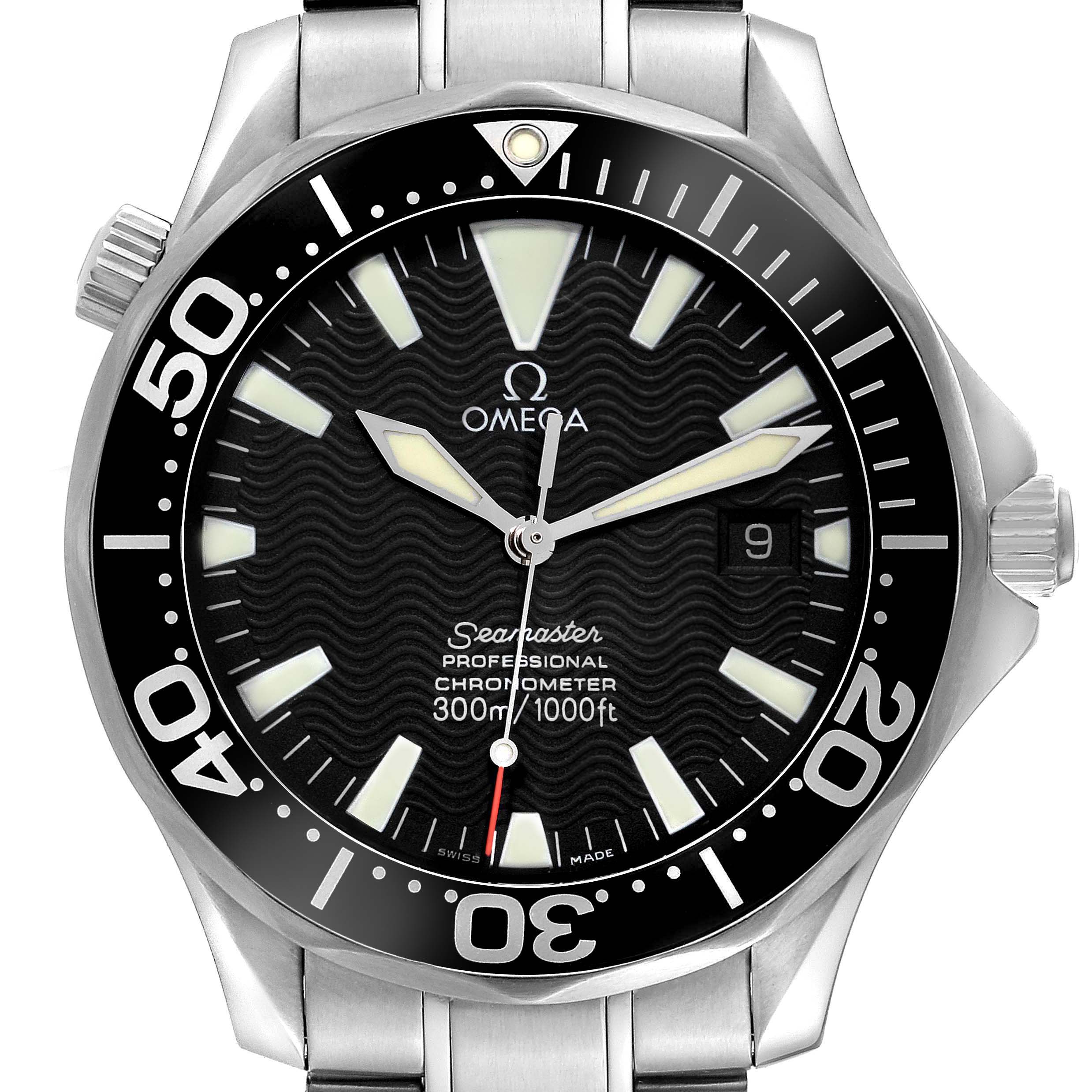 The Omega Seamaster 2254.50.00 Men's Stainless Steel Black Dial 2254.50.00 Men's Stainless Steel Black Dial watch is shown from a front angle, highlighting the bezel, dial, hands, hour markers, and crown.