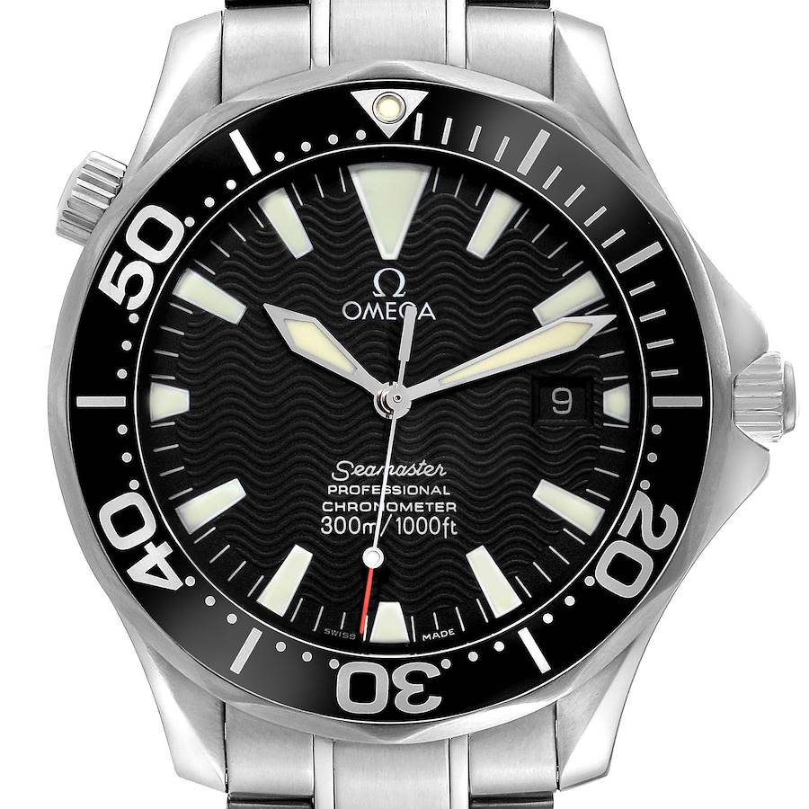 The Omega Seamaster watch is shown from a front angle, highlighting the bezel, dial, hands, hour markers, and crown.