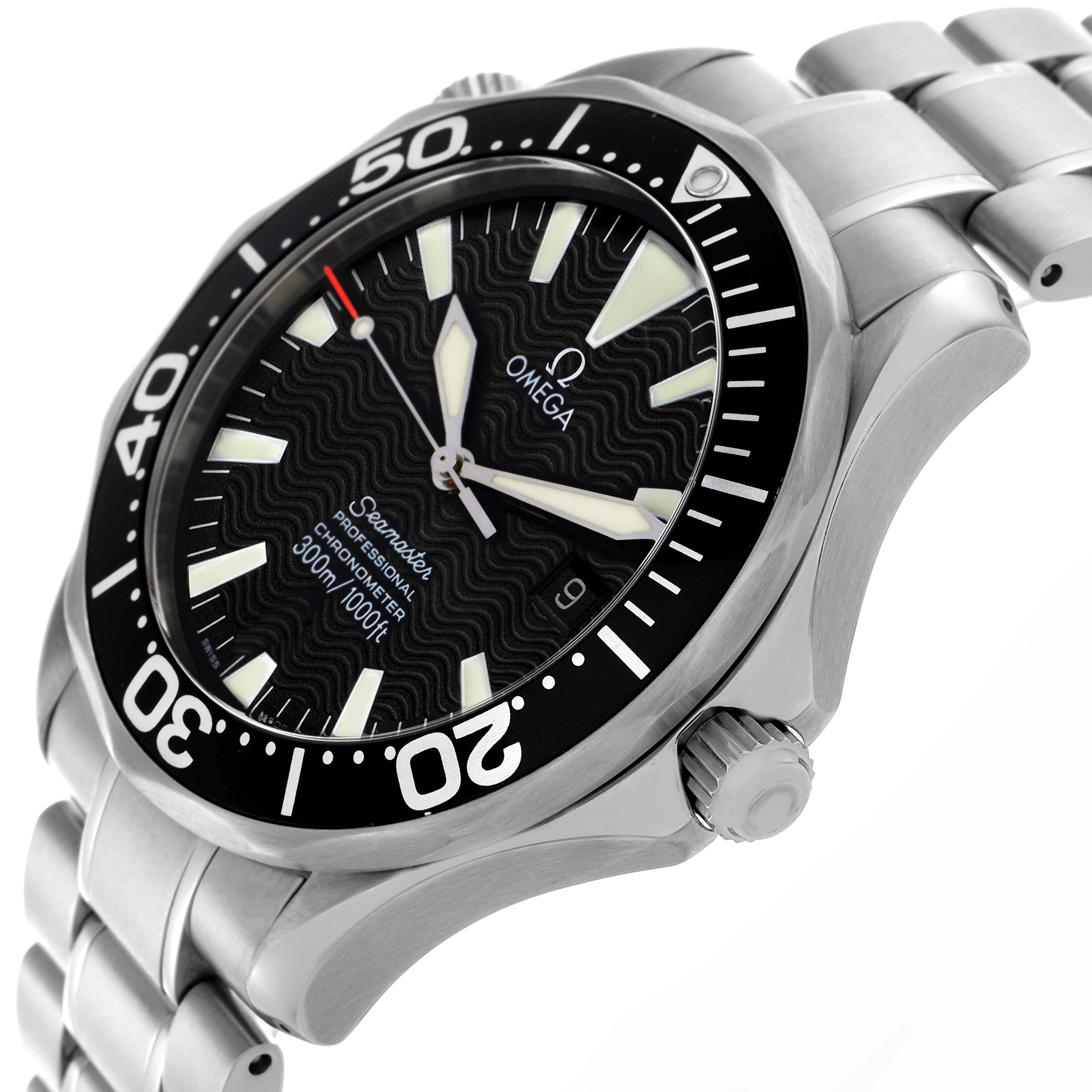 The Omega Seamaster 2254.50.00 Men's Stainless Steel Black Dial 2254.50.00 Men's Stainless Steel Black Dial watch is shown at an oblique angle, highlighting the bezel, dial, crown, and part of the bracelet.