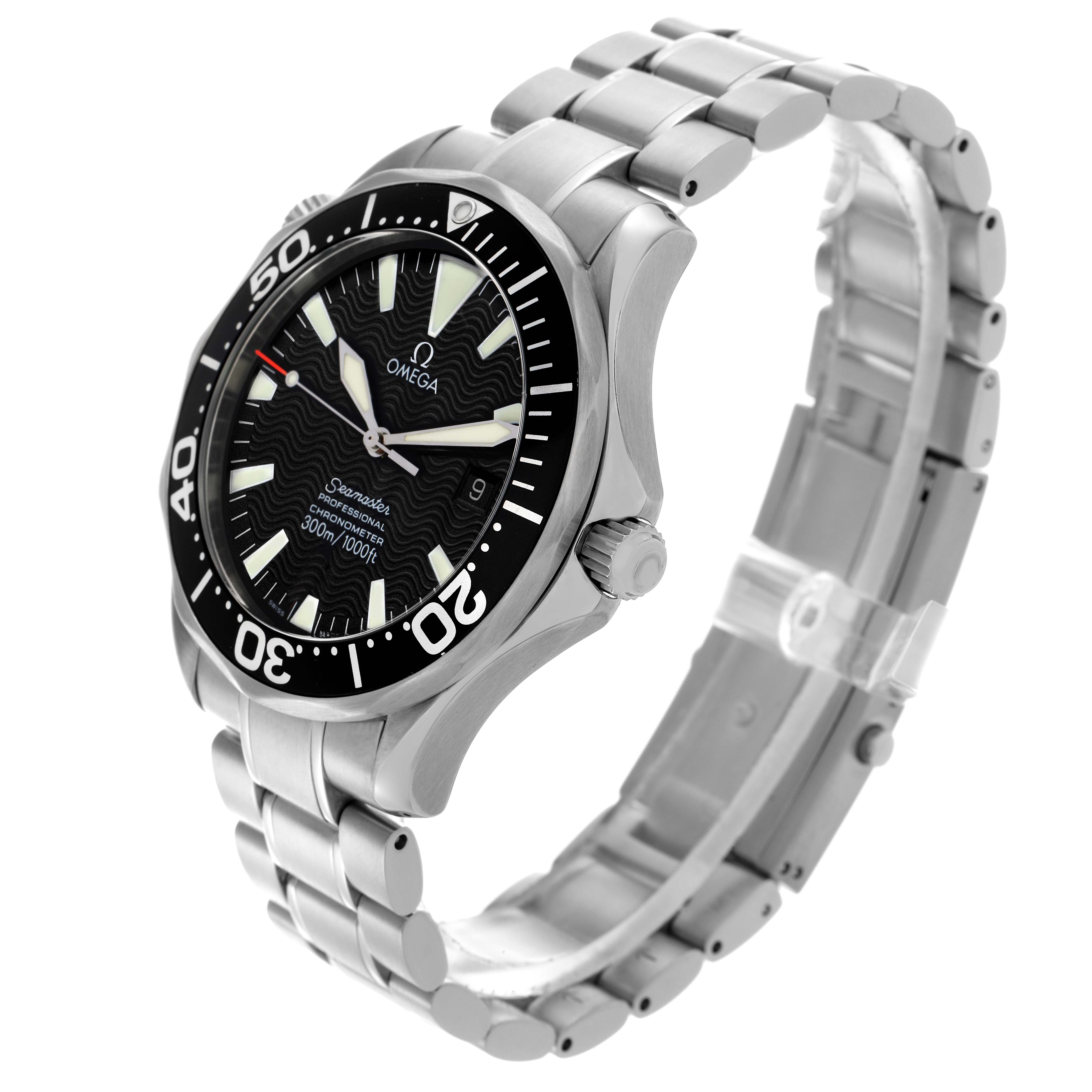 The Omega Seamaster 2254.50.00 Men's Stainless Steel Black Dial 2254.50.00 Men's Stainless Steel Black Dial watch is shown at an angle displaying the face, bezel, crown, and part of the bracelet.