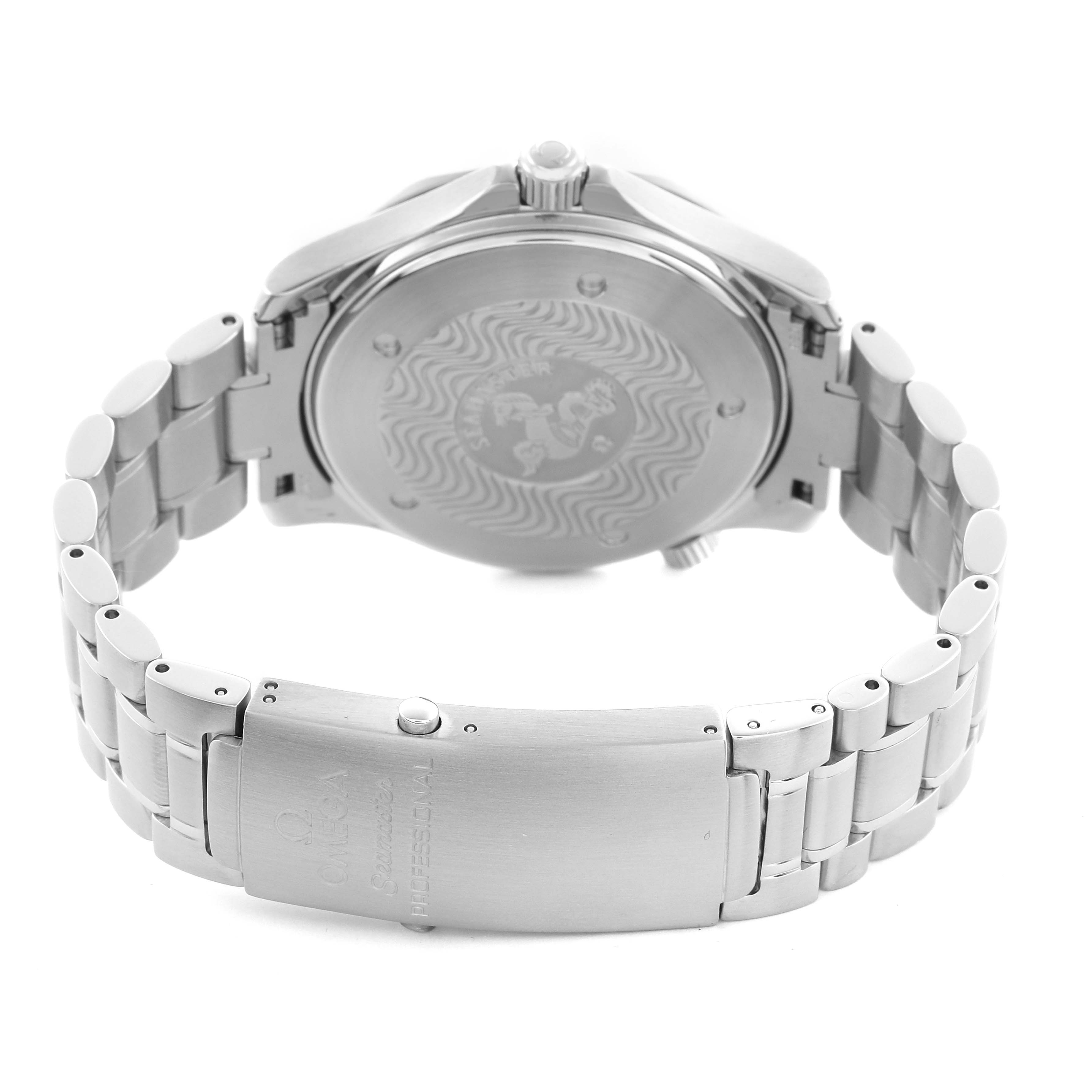 The image shows the back side of an Omega Seamaster 2254.50.00 Men's Stainless Steel Black Dial 2254.50.00 Men's Stainless Steel Black Dial watch with its case back and bracelet clasp visible.