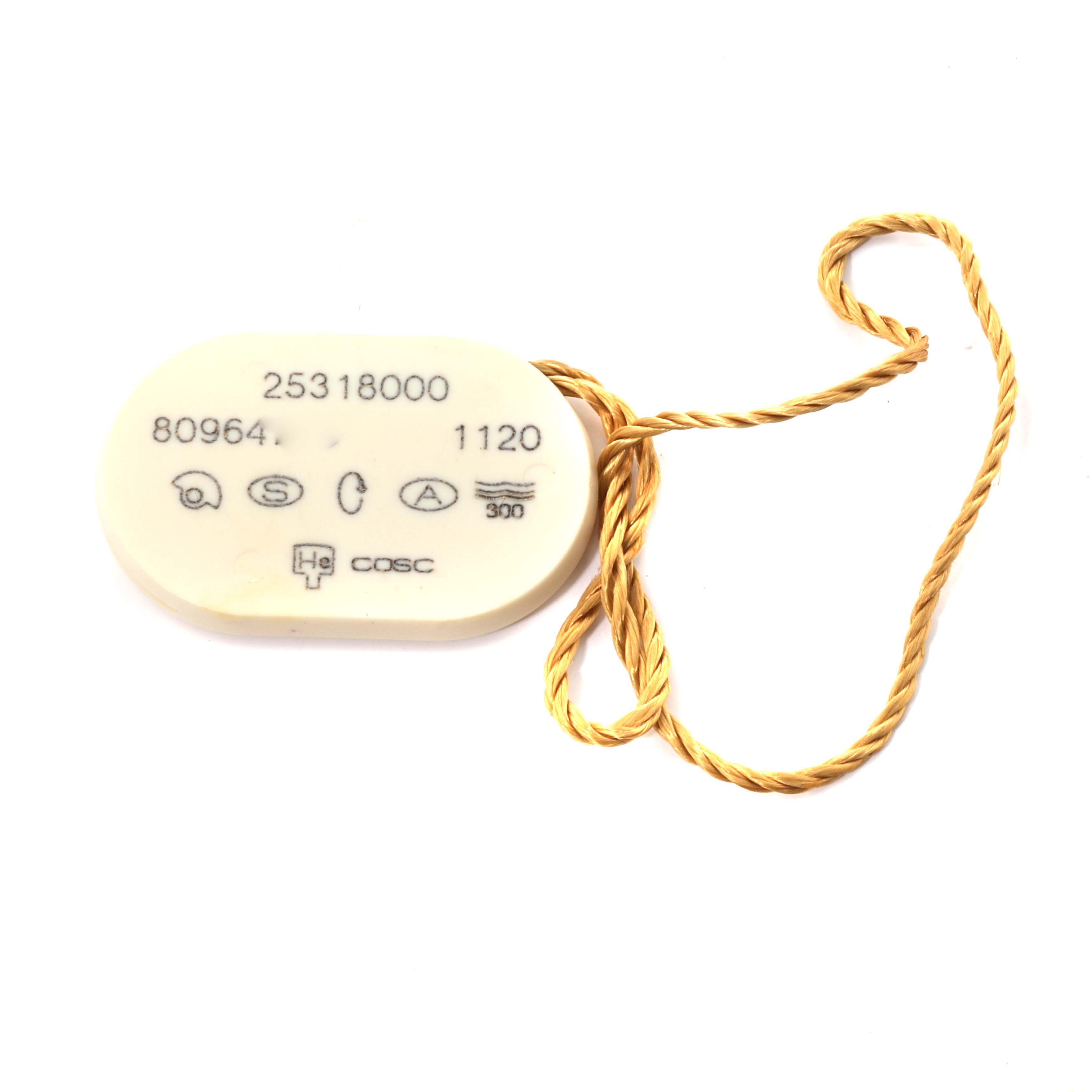 This image shows the tag of an Omega Seamaster 2531.80.00 Men
s Stainless Steel Blue Dial 2531.80.00 Men
s Stainless Steel Blue Dial watch model, featuring various codes and a gold string loop.