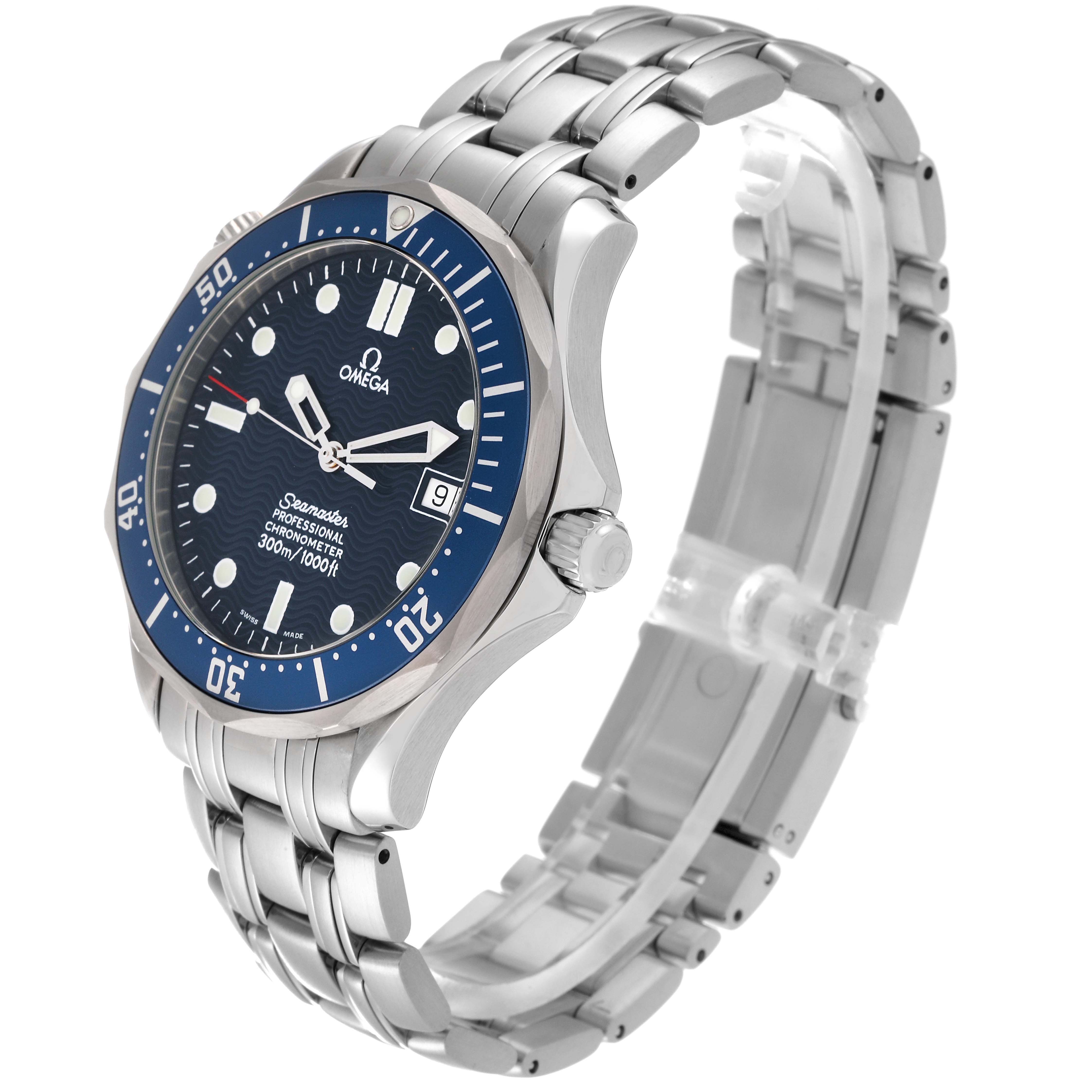 The Omega Seamaster 2531.80.00 Men
s Stainless Steel Blue Dial 2531.80.00 Men
s Stainless Steel Blue Dial watch is shown at a three-quarter angle, highlighting its face, bezel, crown, and stainless steel bracelet.