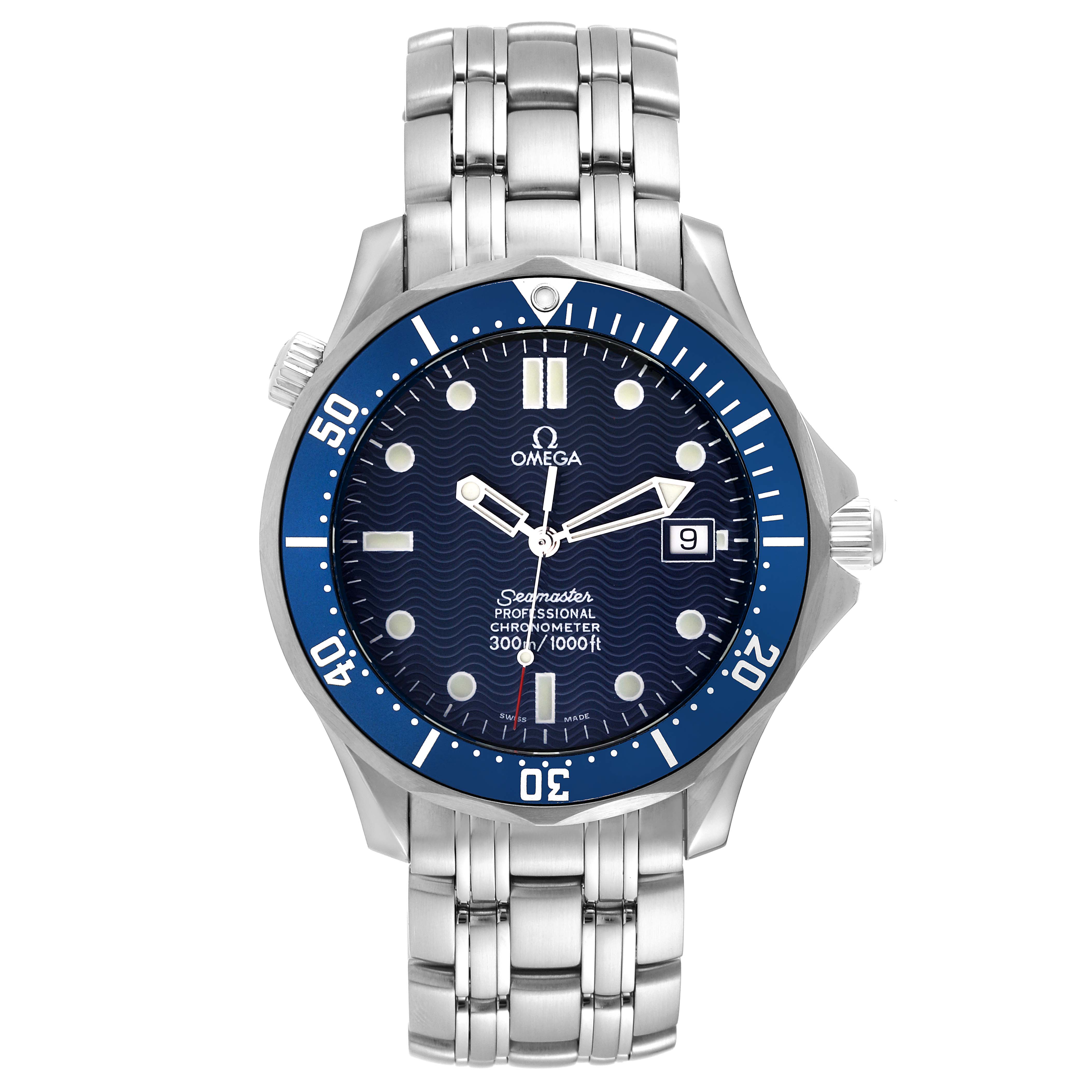 This image shows a front view of the Omega Seamaster 2531.80.00 Men
s Stainless Steel Blue Dial 2531.80.00 Men
s Stainless Steel Blue Dial watch, featuring a blue bezel, date window, and stainless steel bracelet.
