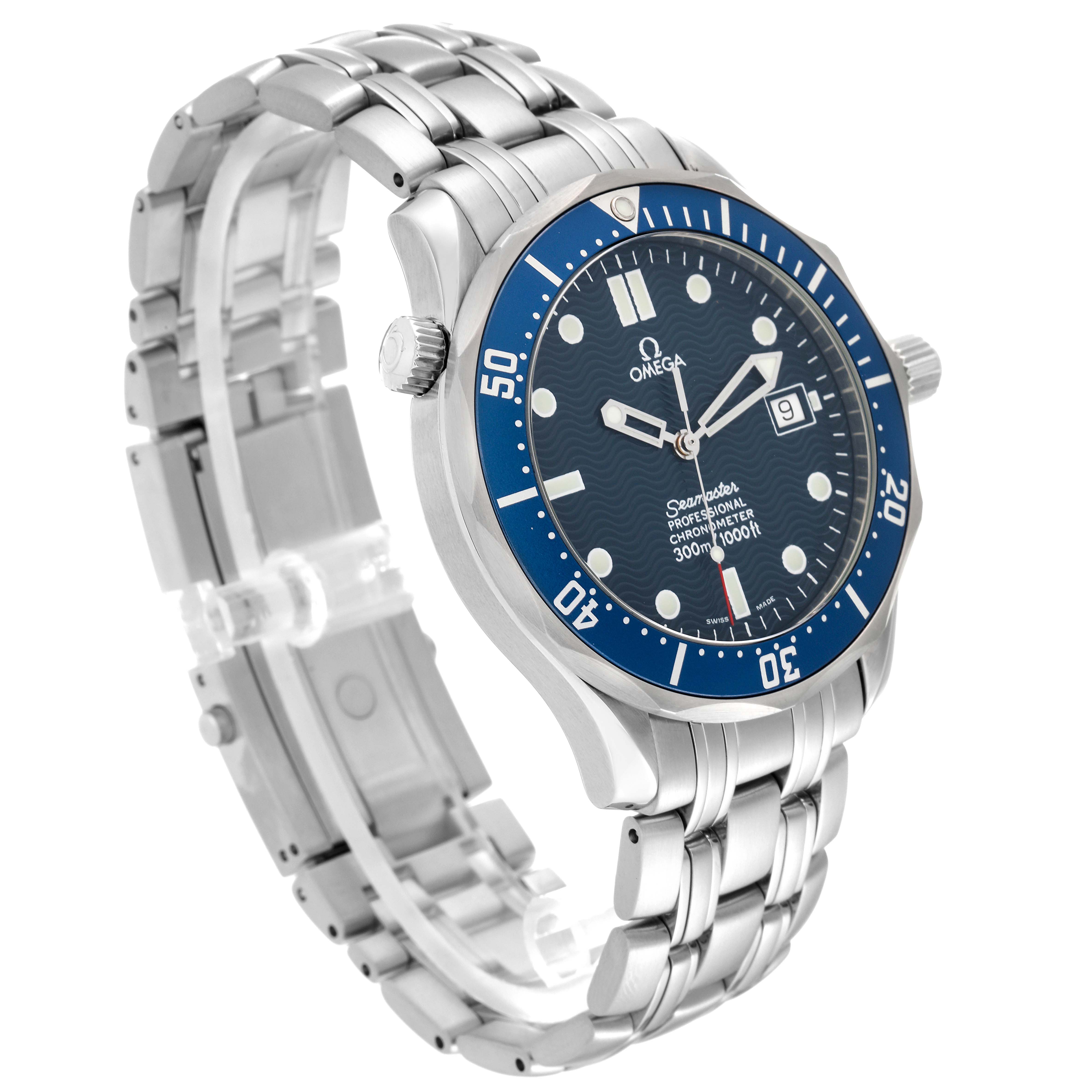 The Omega Seamaster 2531.80.00 Men
s Stainless Steel Blue Dial 2531.80.00 Men
s Stainless Steel Blue Dial watch is displayed at a three-quarter angle showcasing its blue dial, bezel, metal bracelet, and date window.