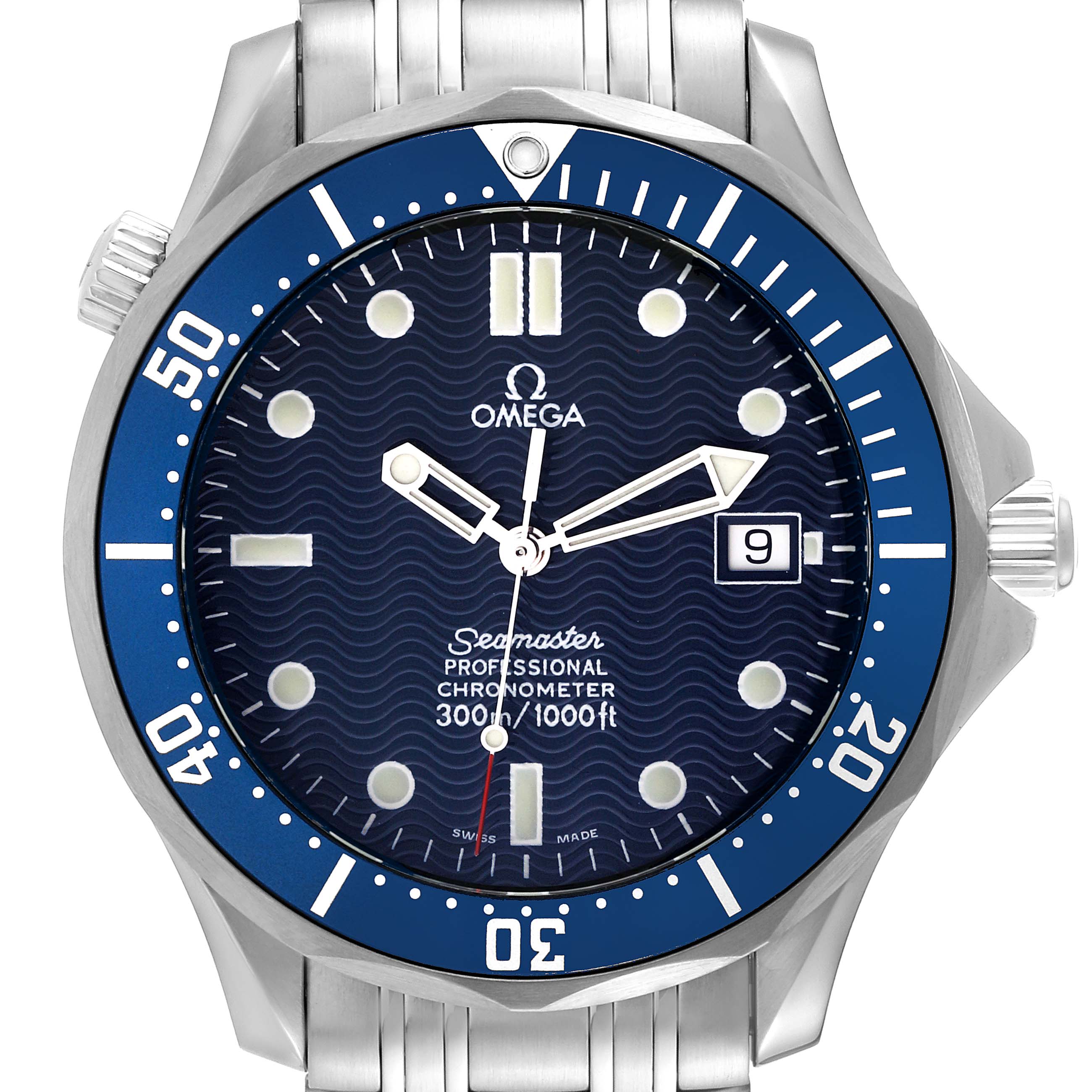 The image shows a front view of the Omega Seamaster 2531.80.00 Men
s Stainless Steel Blue Dial 2531.80.00 Men
s Stainless Steel Blue Dial watch, highlighting the blue dial, bezel, and stainless steel bracelet.