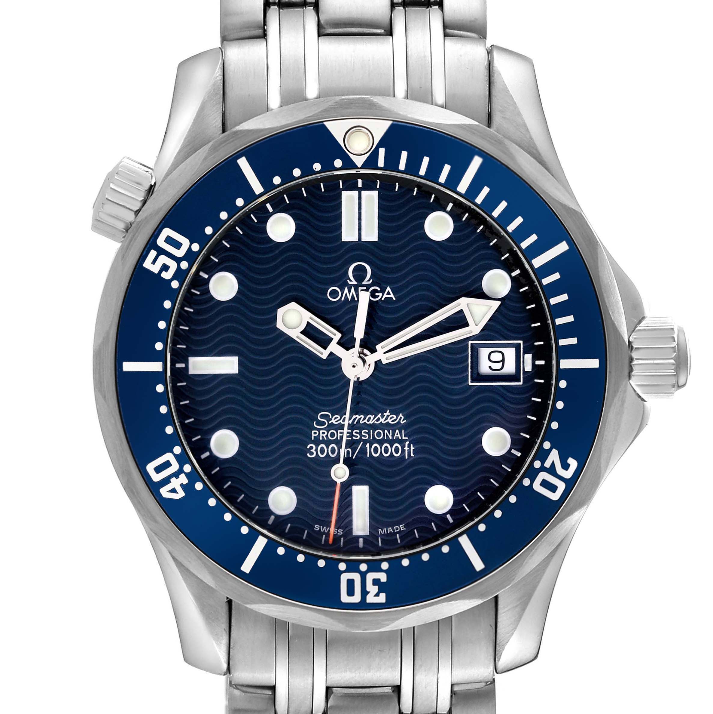 The Omega Seamaster 2561.80.00 Men's Stainless Steel Blue Dial 2561.80.00 Men's Stainless Steel Blue Dial watch is shown from the front, highlighting the dial, bezel, and bracelet.