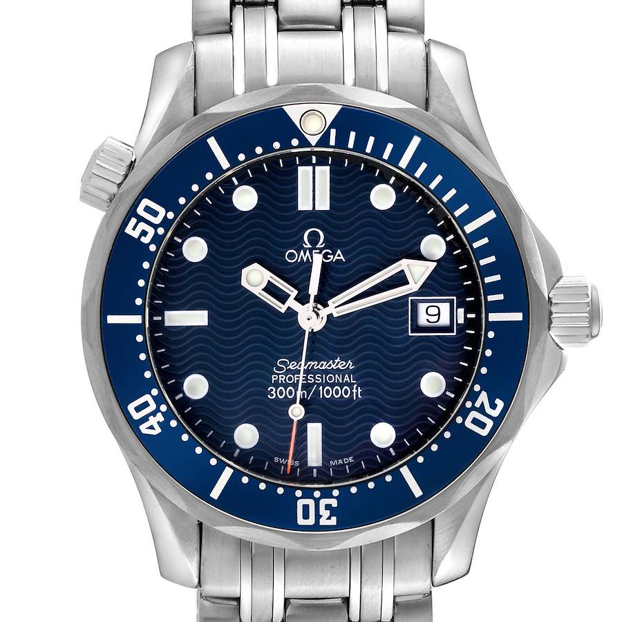 The Omega Seamaster watch is shown from the front, highlighting the dial, bezel, and bracelet.