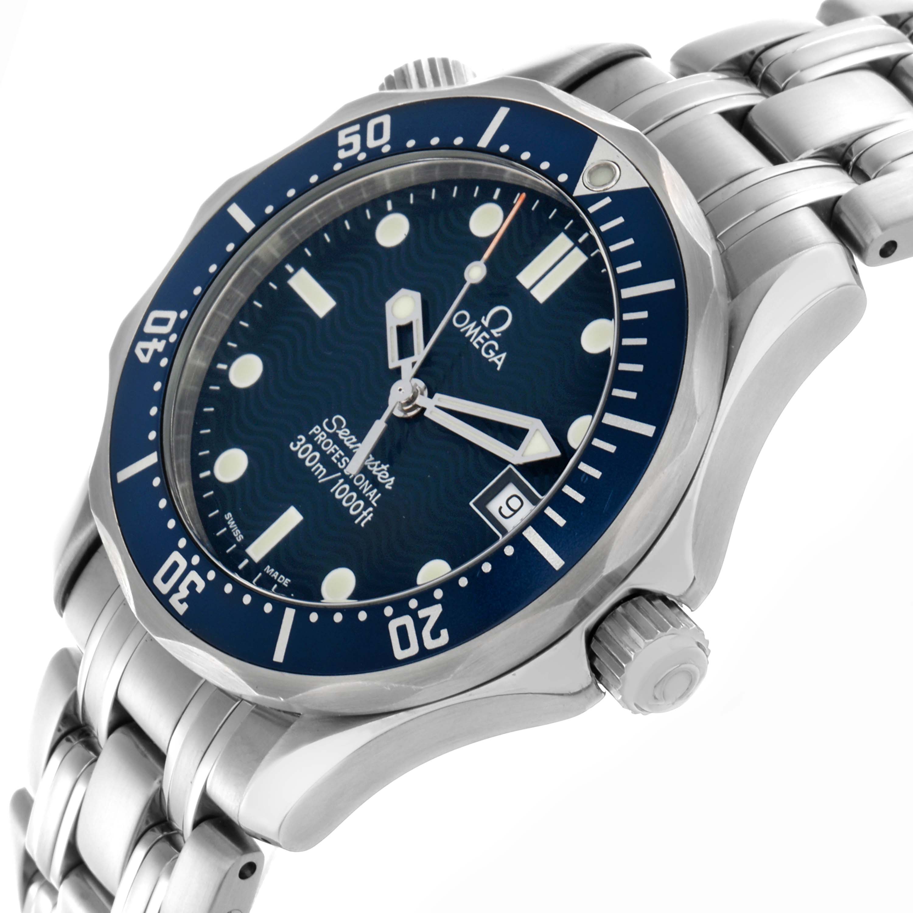 The Omega Seamaster 2561.80.00 Men's Stainless Steel Blue Dial 2561.80.00 Men's Stainless Steel Blue Dial model is shown at a slight angle, displaying its blue dial, rotating bezel, crown, and stainless steel bracelet.