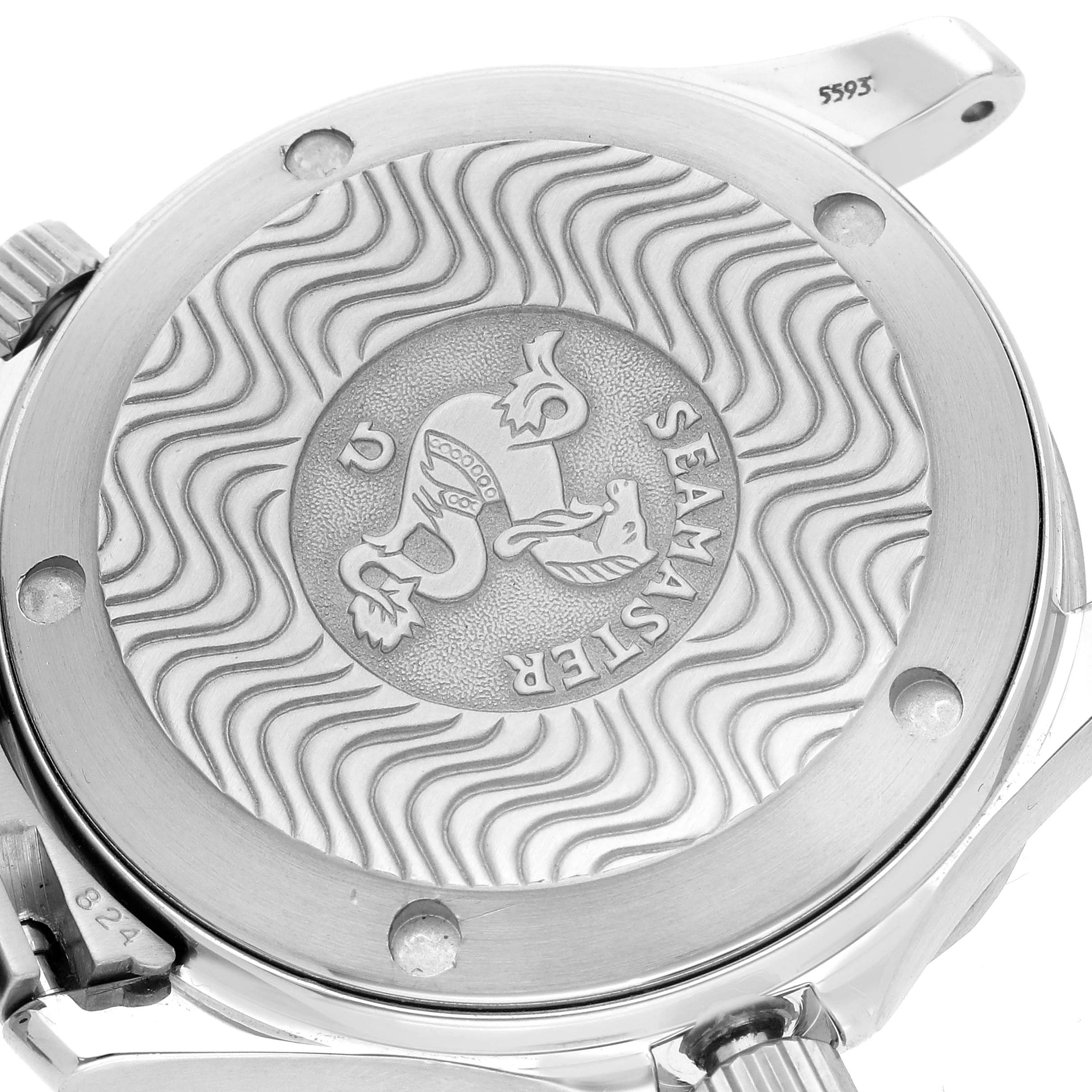 The Omega Seamaster 2561.80.00 Men's Stainless Steel Blue Dial 2561.80.00 Men's Stainless Steel Blue Dial watch is shown from a close-up angle, highlighting its engraved case back with wave patterns.