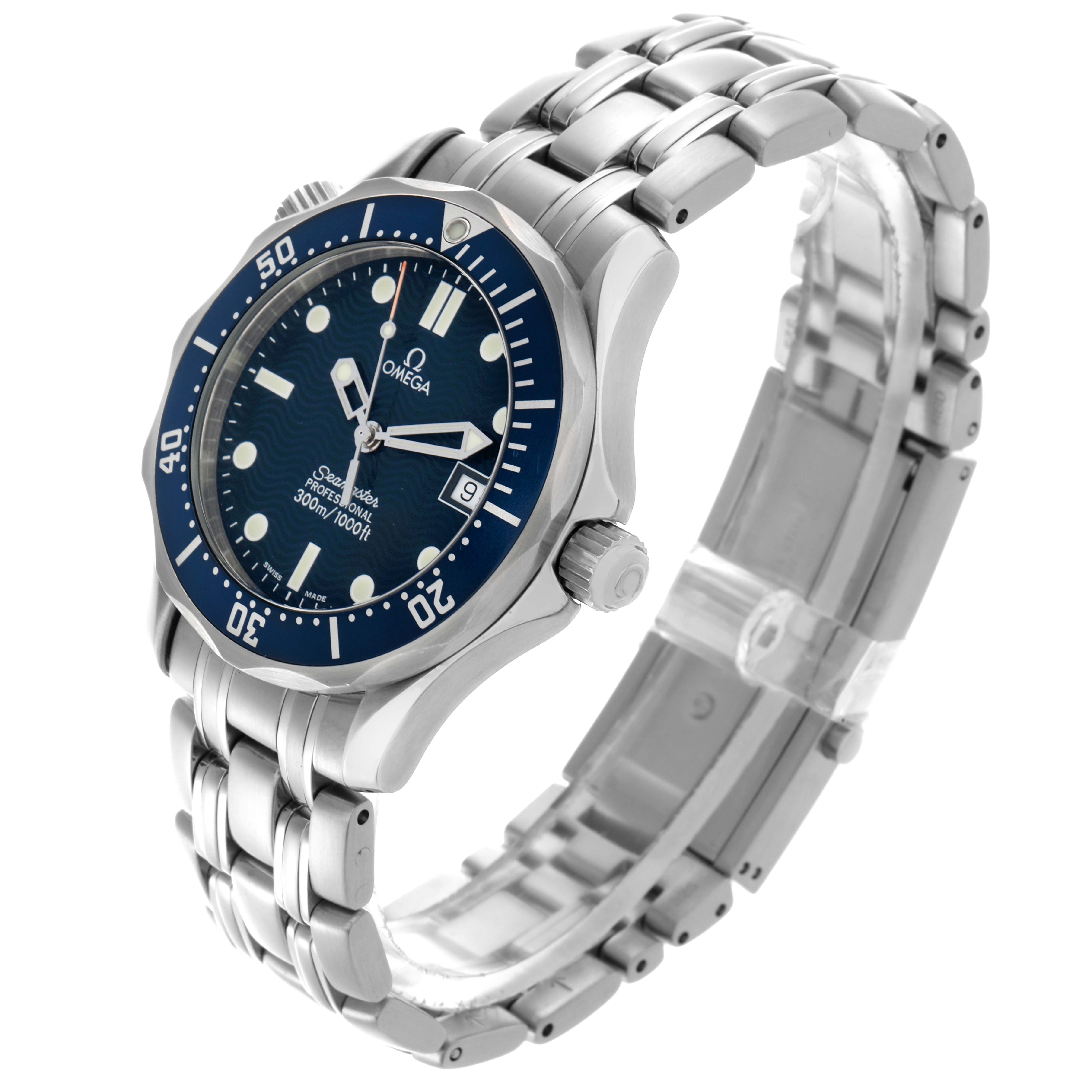 The Omega Seamaster 2561.80.00 Men's Stainless Steel Blue Dial 2561.80.00 Men's Stainless Steel Blue Dial watch is shown at an angled side view, highlighting the bracelet, dial, bezel, and crown.