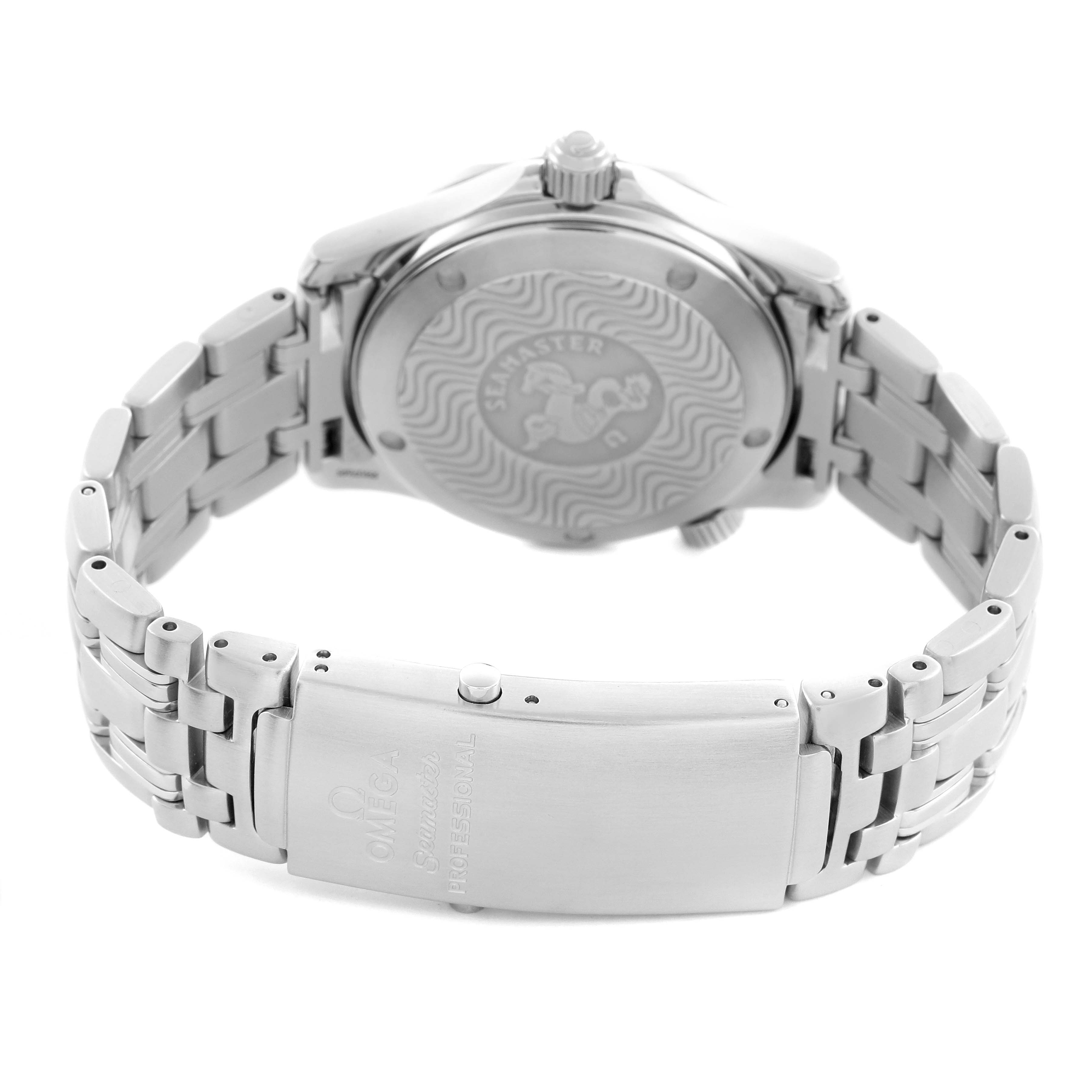 The Omega Seamaster 2561.80.00 Men's Stainless Steel Blue Dial 2561.80.00 Men's Stainless Steel Blue Dial watch is shown from the back, highlighting the case back, bracelet, and clasp.