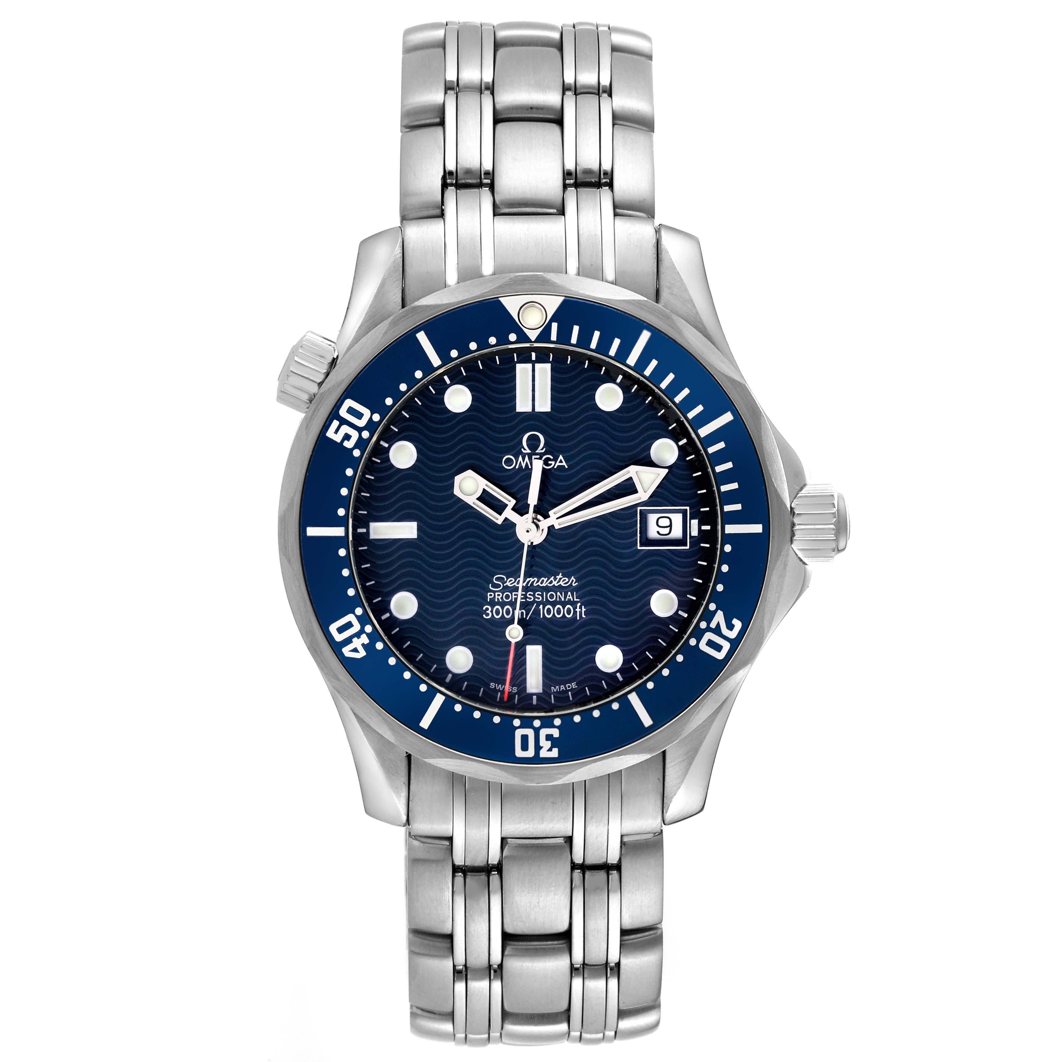 The Omega Seamaster 2561.80.00 Men's Stainless Steel Blue Dial 2561.80.00 Men's Stainless Steel Blue Dial watch is shown from a top view, displaying its face, bezel, bracelet, and crown prominently.
