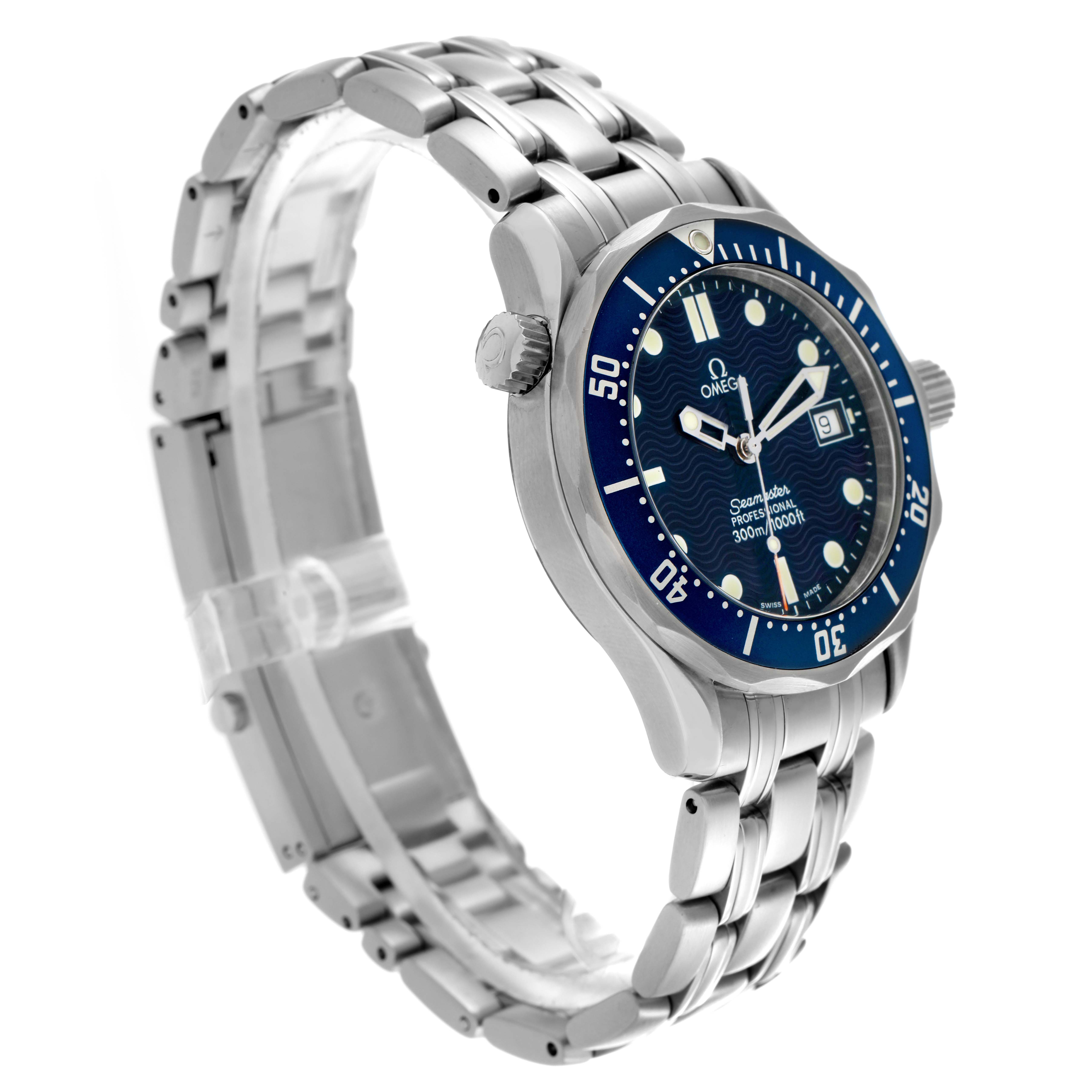 The Omega Seamaster 2561.80.00 Men's Stainless Steel Blue Dial 2561.80.00 Men's Stainless Steel Blue Dial watch is shown at a side angle, highlighting its blue dial, bezel, and metal bracelet.