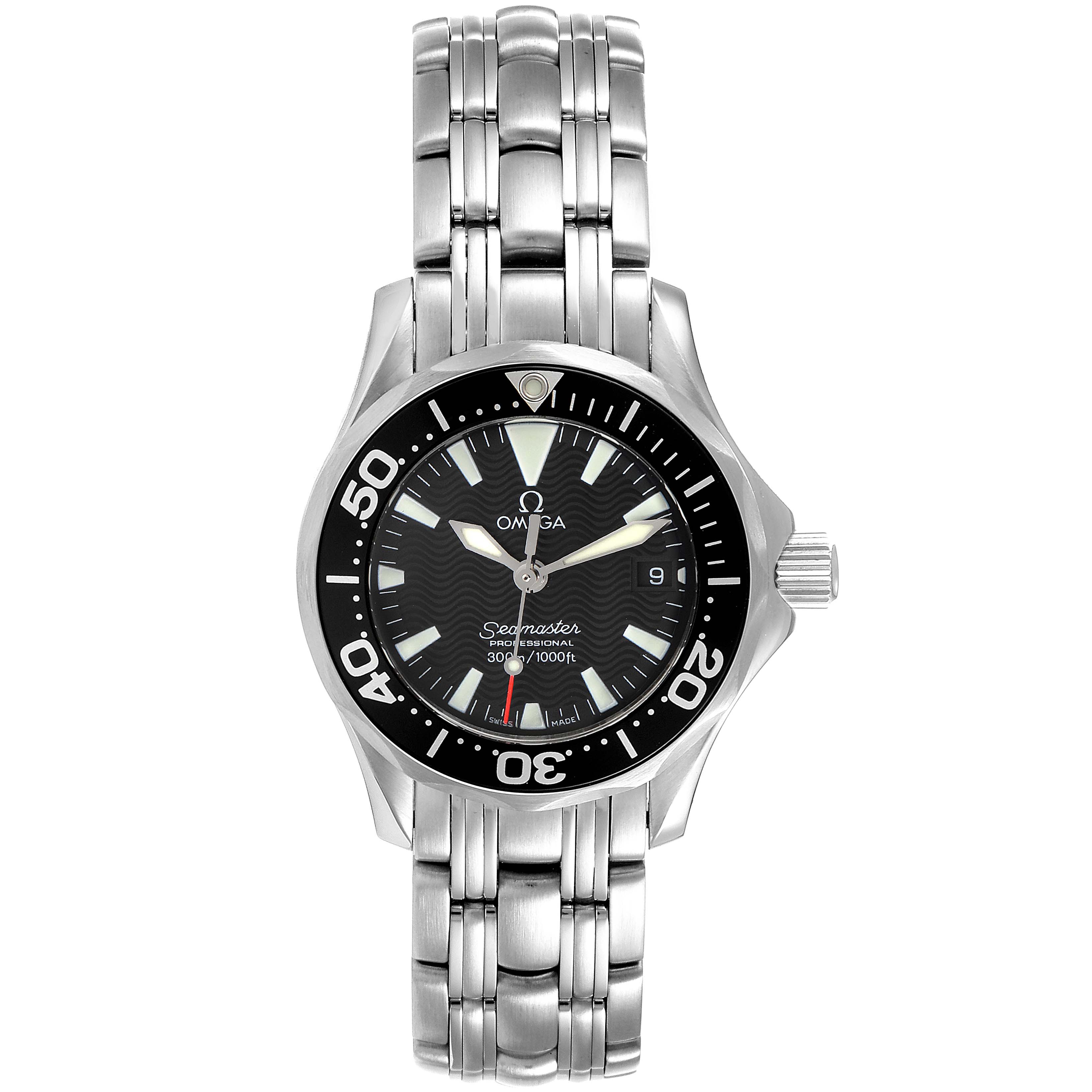 The image shows a front view of the Omega 2282.50.00 Women's Stainless Steel Black Dial 2282.50.00 Women's Stainless Steel Black Dial Seamaster Diver 300M Quartz 28mm Steel Ladies Watch 2282.50.00 Unworn model.