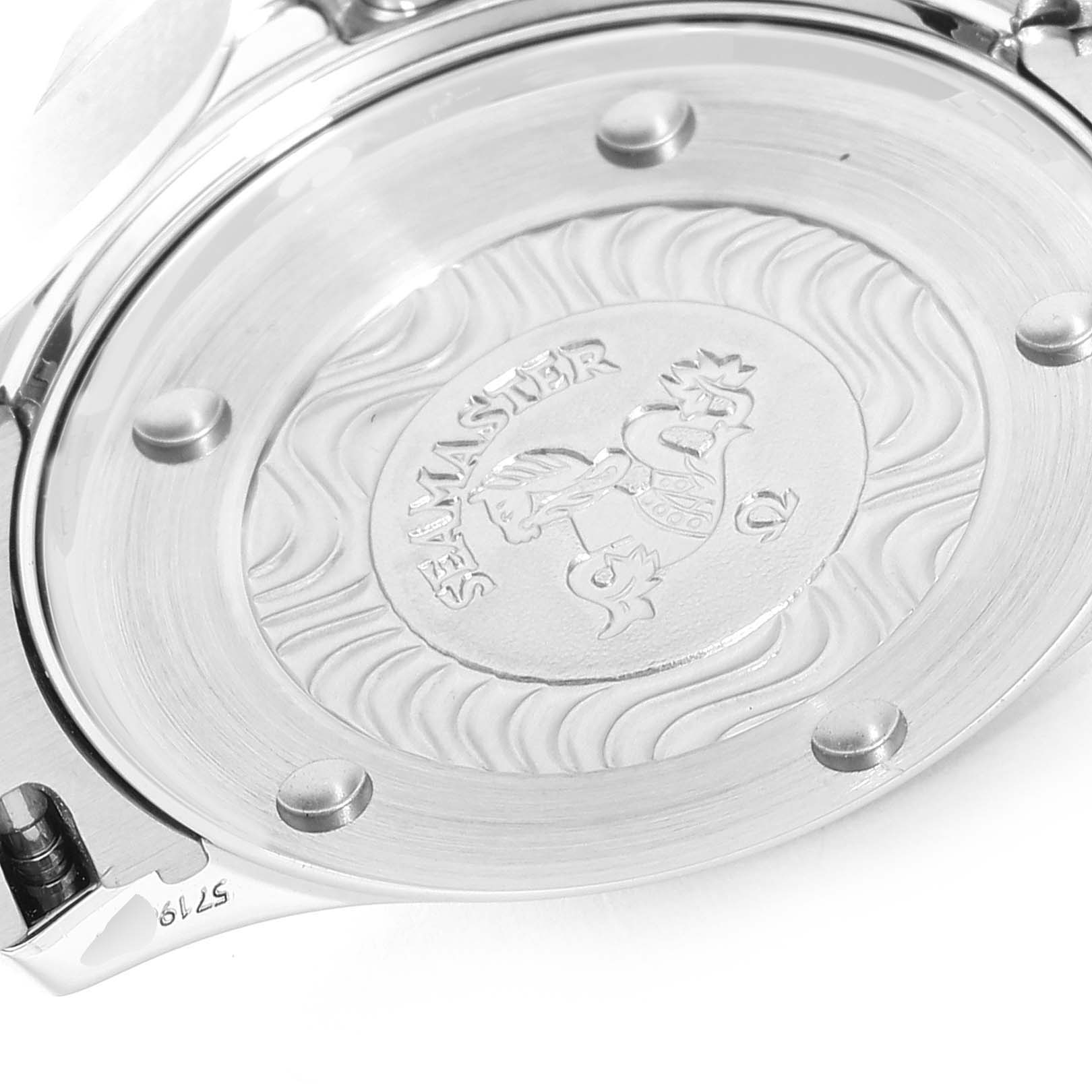 The image shows the back case of the Omega 2282.50.00 Women's Stainless Steel Black Dial 2282.50.00 Women's Stainless Steel Black Dial Seamaster Diver 300M Quartz 28mm Steel Ladies Watch 2282.50.00 Unworn model.