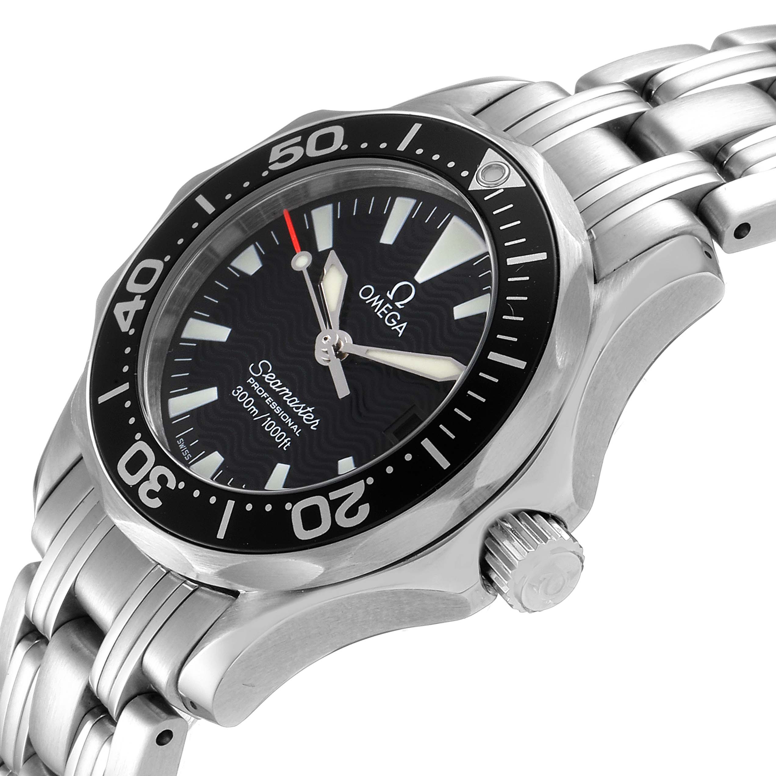 The image shows a side angle view of the Omega 2282.50.00 Women's Stainless Steel Black Dial 2282.50.00 Women's Stainless Steel Black Dial Seamaster Diver 300M Quartz 28mm Steel Ladies Watch 2282.50.00, focusing on the dial and crown.