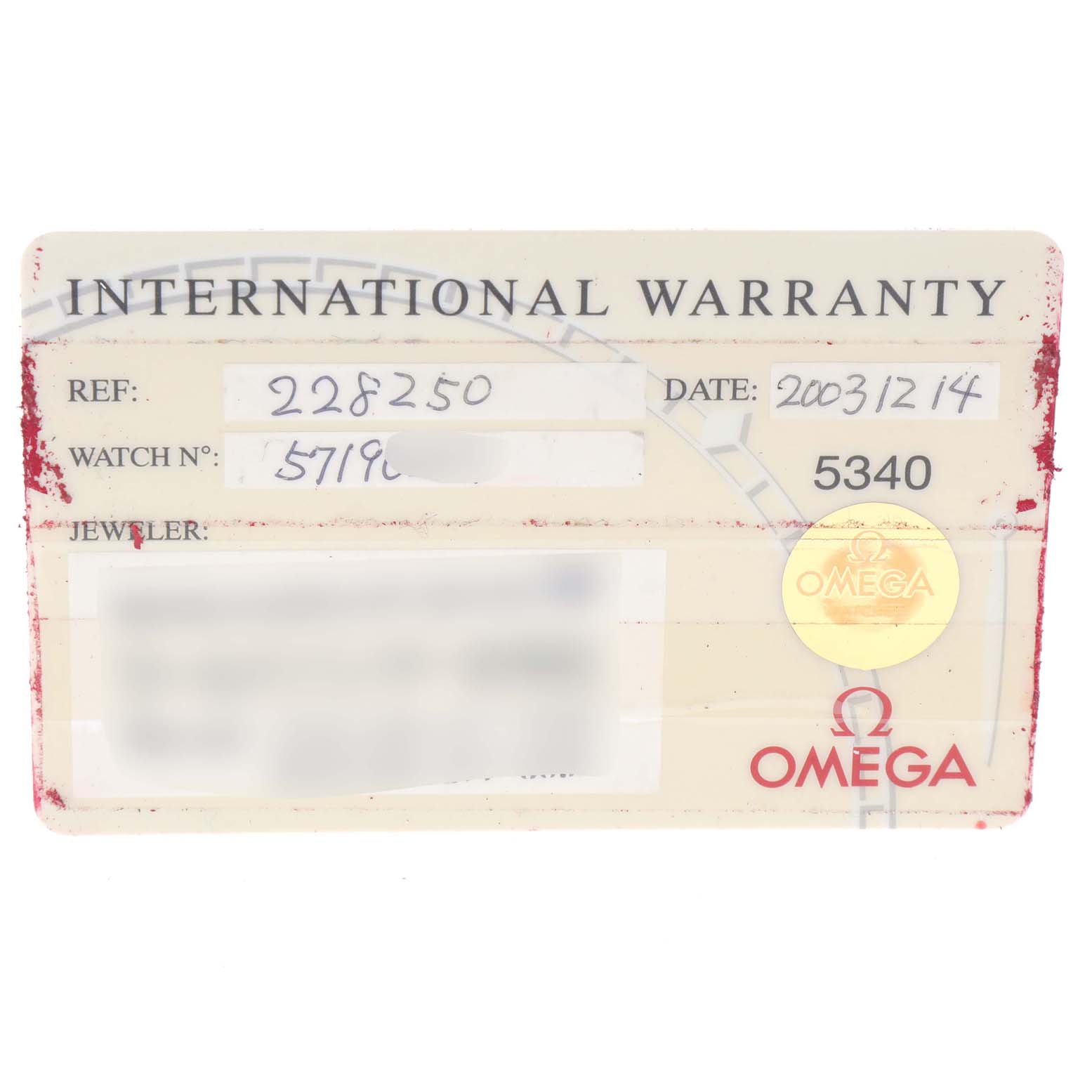 This image shows the International Warranty card for the Omega 2282.50.00 Women's Stainless Steel Black Dial 2282.50.00 Women's Stainless Steel Black Dial Seamaster Diver 300M Quartz 28mm Steel Ladies Watch model 2282.50.00.