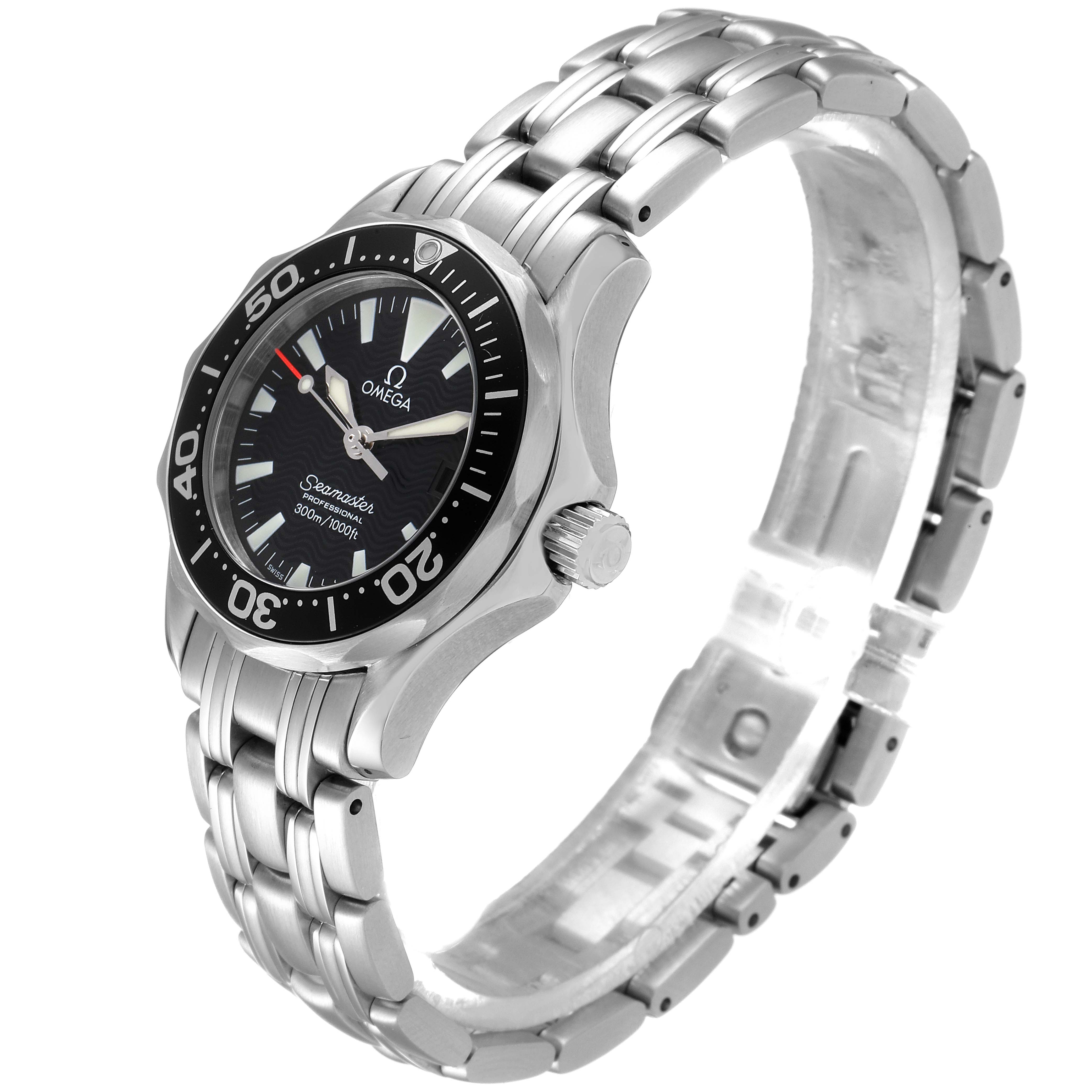 The image shows an unworn Omega 2282.50.00 Women's Stainless Steel Black Dial 2282.50.00 Women's Stainless Steel Black Dial Seamaster Diver 300M Quartz Steel Ladies Watch 2282.50.00 from a front angle, displaying the watch face, bezel, and metal bracelet.