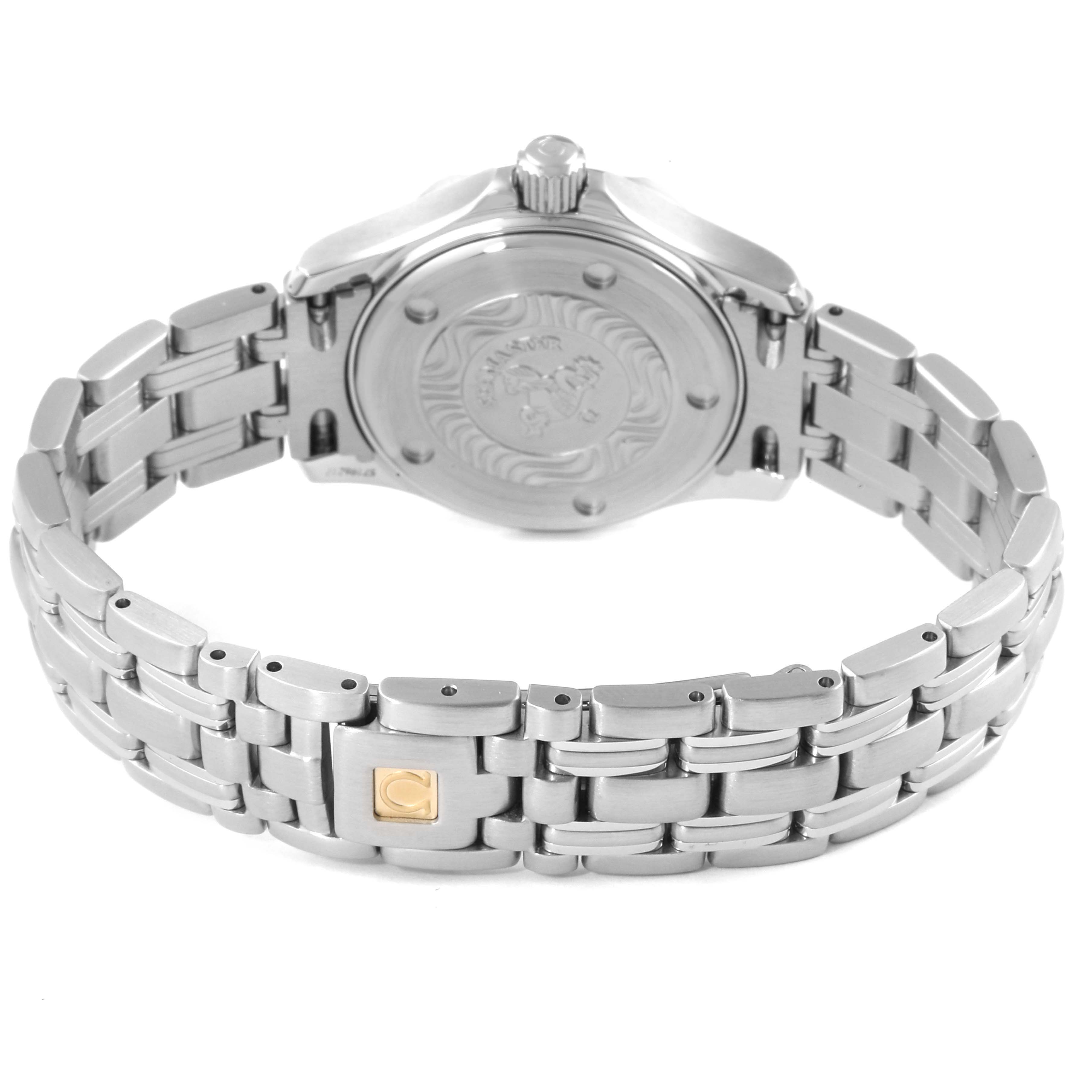 This image shows the back view and bracelet of the Omega 2282.50.00 Women's Stainless Steel Black Dial 2282.50.00 Women's Stainless Steel Black Dial Seamaster Diver 300M Quartz 28mm Steel Ladies Watch 2282.50.00.