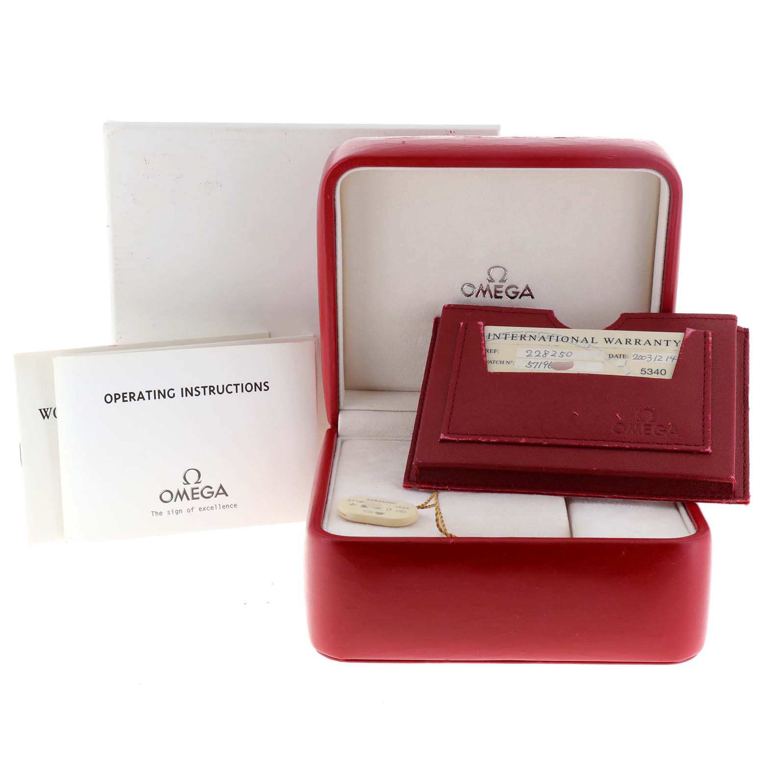 The image shows the packaging, international warranty card, and operating instructions for the Omega 2282.50.00 Women's Stainless Steel Black Dial 2282.50.00 Women's Stainless Steel Black Dial Seamaster Diver 300M Quartz 28mm Steel Ladies Watch 2282.50.00.