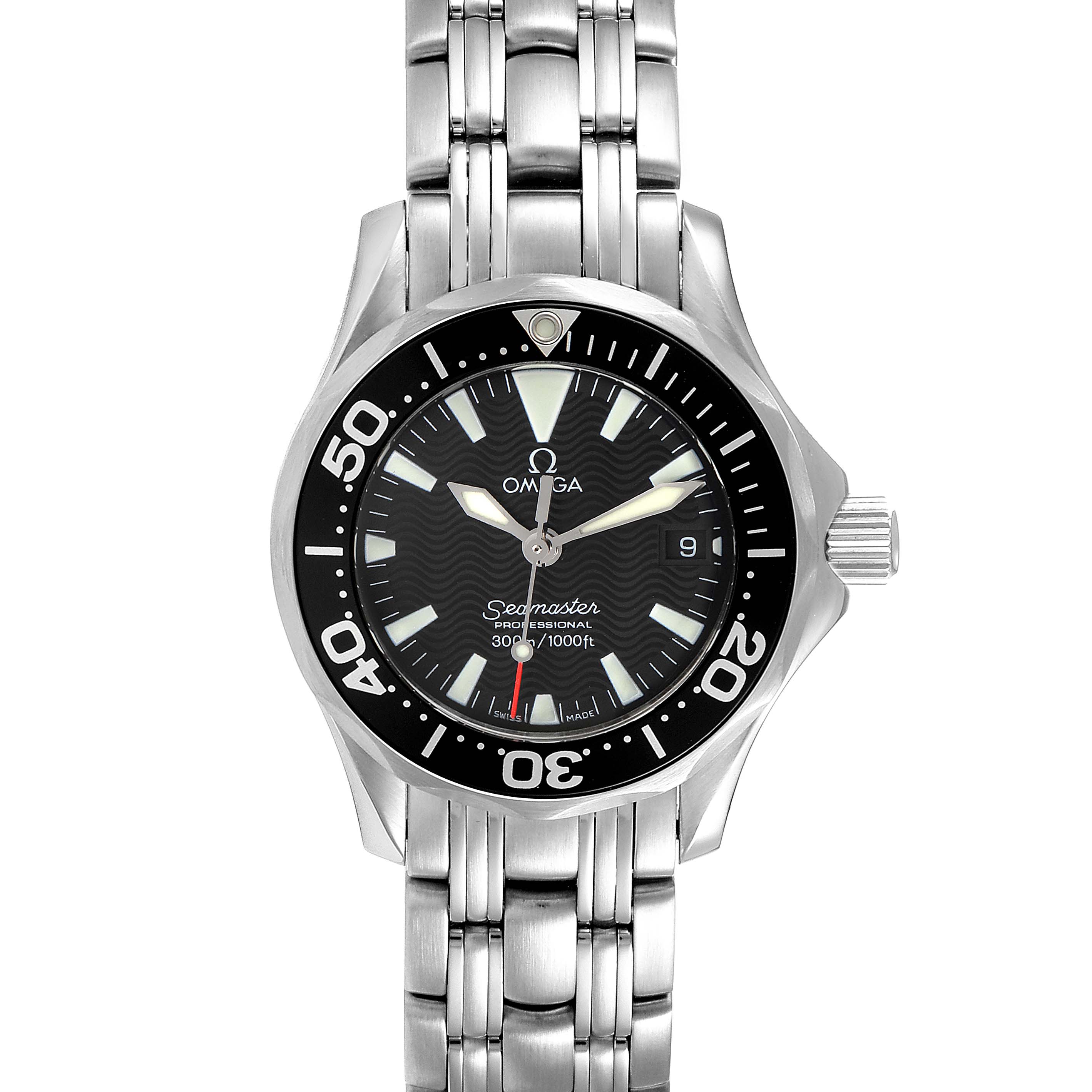 This image shows a front view of the Omega 2282.50.00 Women's Stainless Steel Black Dial 2282.50.00 Women's Stainless Steel Black Dial Seamaster Diver 300M Quartz 28mm Steel Ladies Watch 2282.50.00 displaying its face and bracelet.