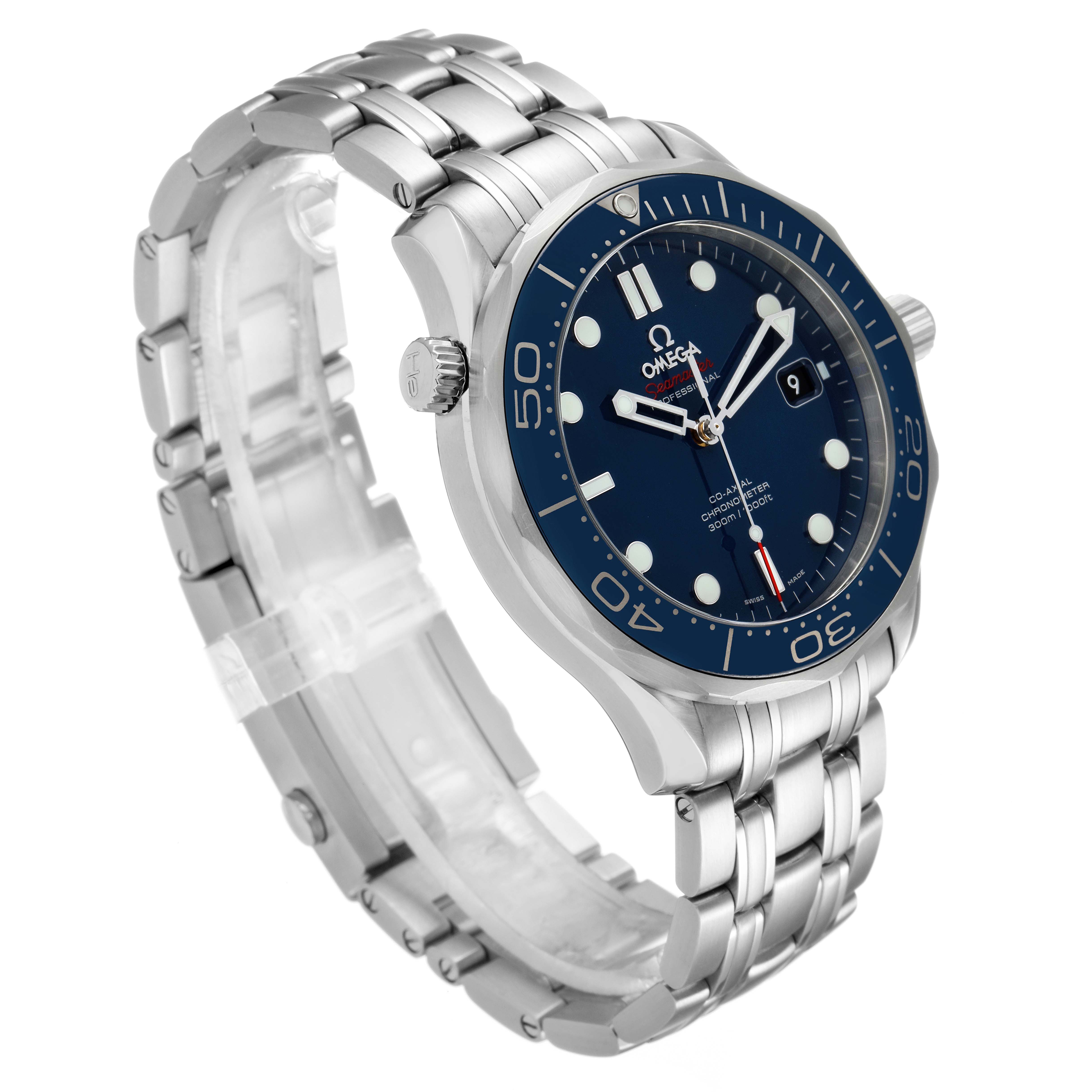 The Omega Seamaster 212.30.41.20.03.001 Men
s Stainless Steel Blue Dial 212.30.41.20.03.001 Men
s Stainless Steel Blue Dial watch is displayed at a three-quarter angle, showing the bracelet, face, and crown.