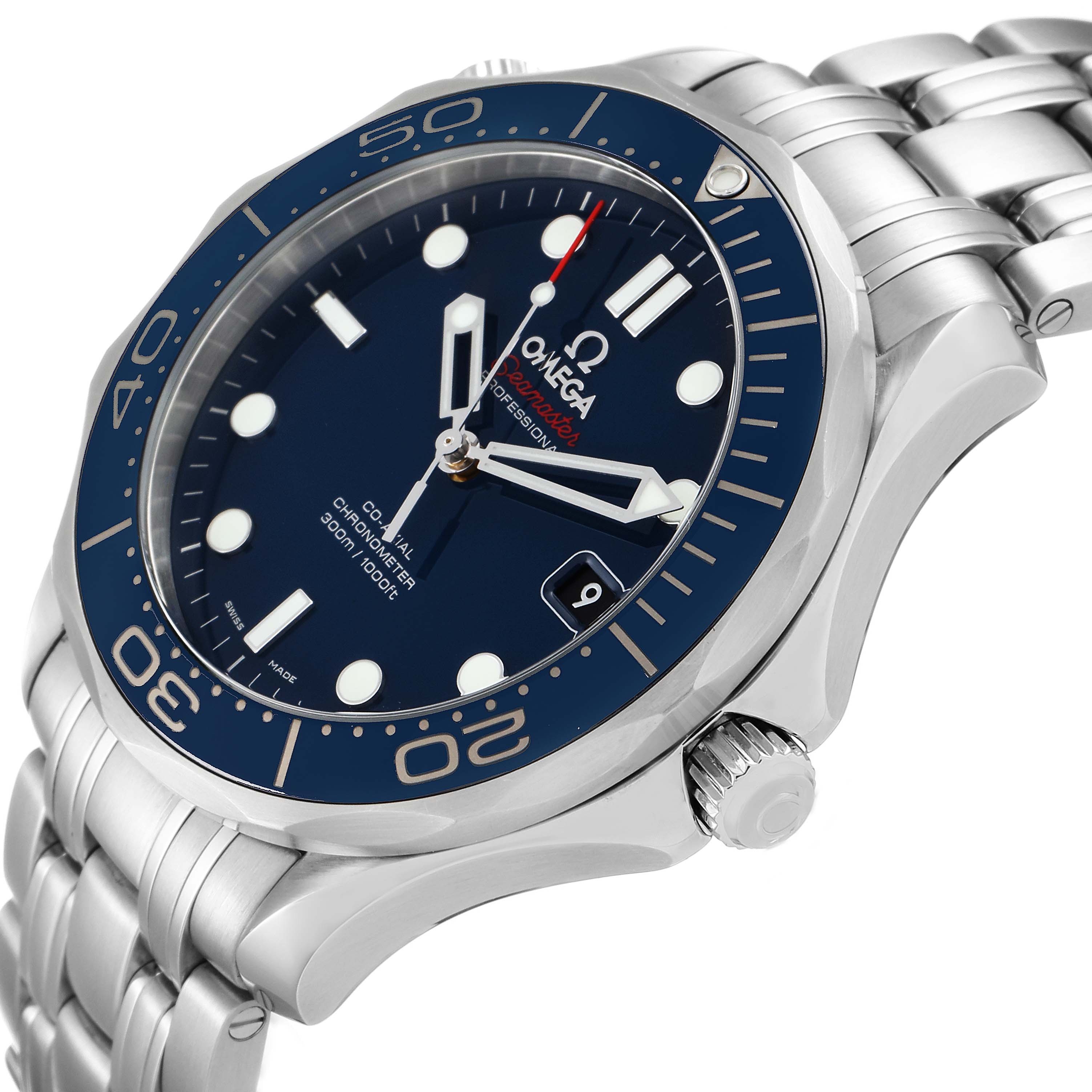 The image shows an angled side view of the Omega Seamaster 212.30.41.20.03.001 Men
s Stainless Steel Blue Dial 212.30.41.20.03.001 Men
s Stainless Steel Blue Dial watch, displaying the dial, bezel, crown, and part of the bracelet.