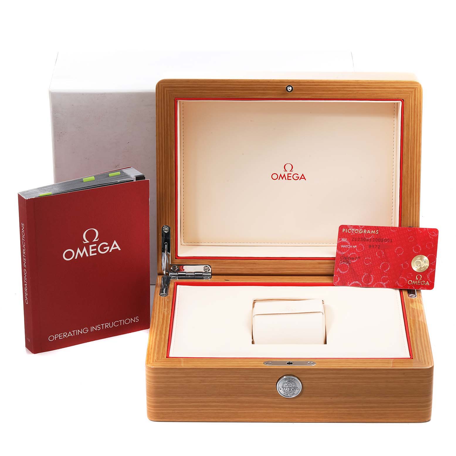 The image shows the packaging, instruction manual, and warranty card for an Omega Seamaster 212.30.41.20.03.001 Men
s Stainless Steel Blue Dial 212.30.41.20.03.001 Men
s Stainless Steel Blue Dial watch.