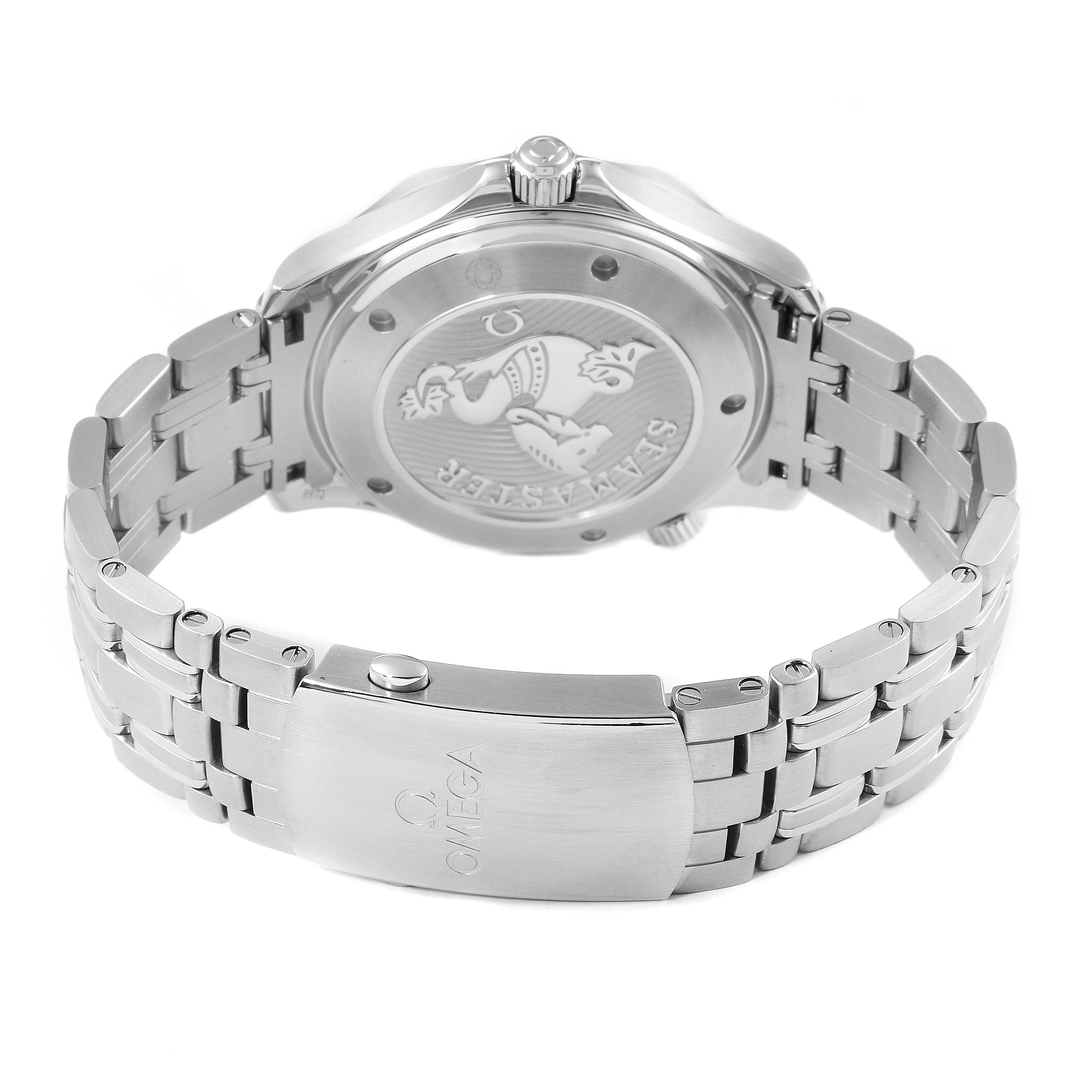 The image shows the back case and stainless steel bracelet of the Omega Seamaster 212.30.41.20.03.001 Men
s Stainless Steel Blue Dial 212.30.41.20.03.001 Men
s Stainless Steel Blue Dial watch, including the clasp with the Omega logo.