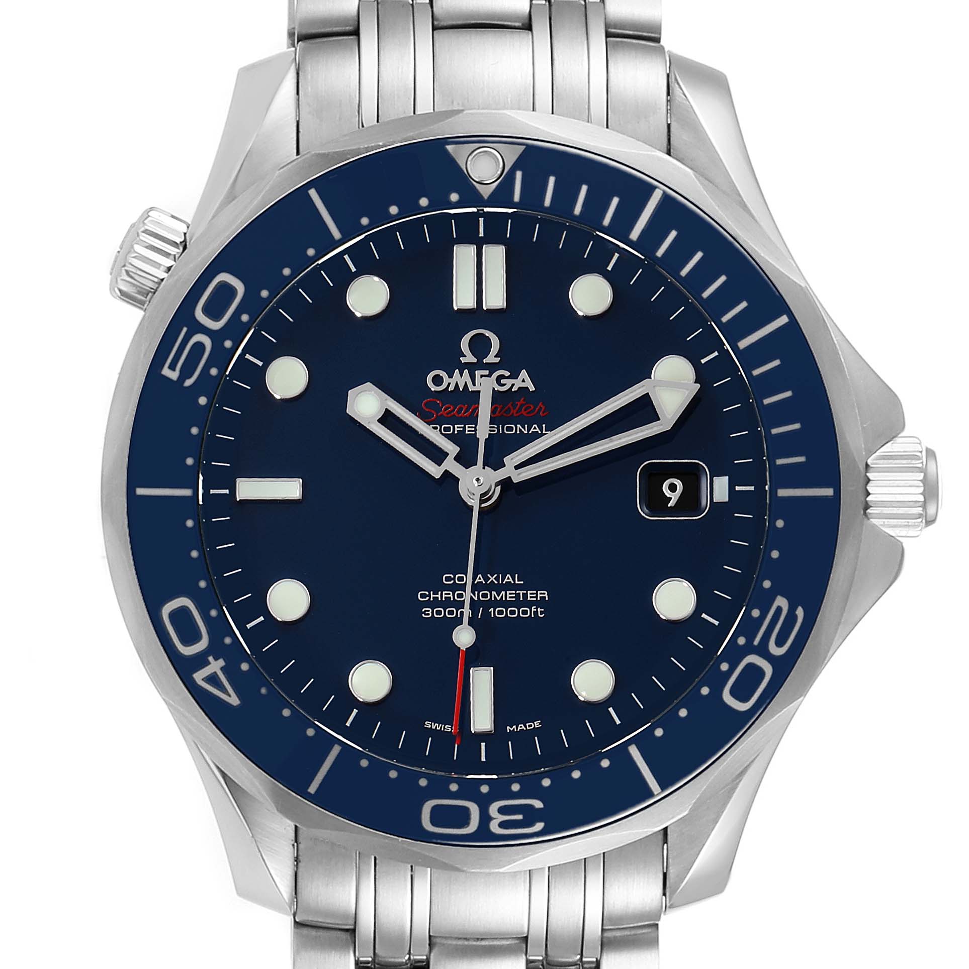 The image shows a front view of an Omega Seamaster 212.30.41.20.03.001 Men
s Stainless Steel Blue Dial 212.30.41.20.03.001 Men
s Stainless Steel Blue Dial watch, displaying the dial, bezel, and part of the bracelet.