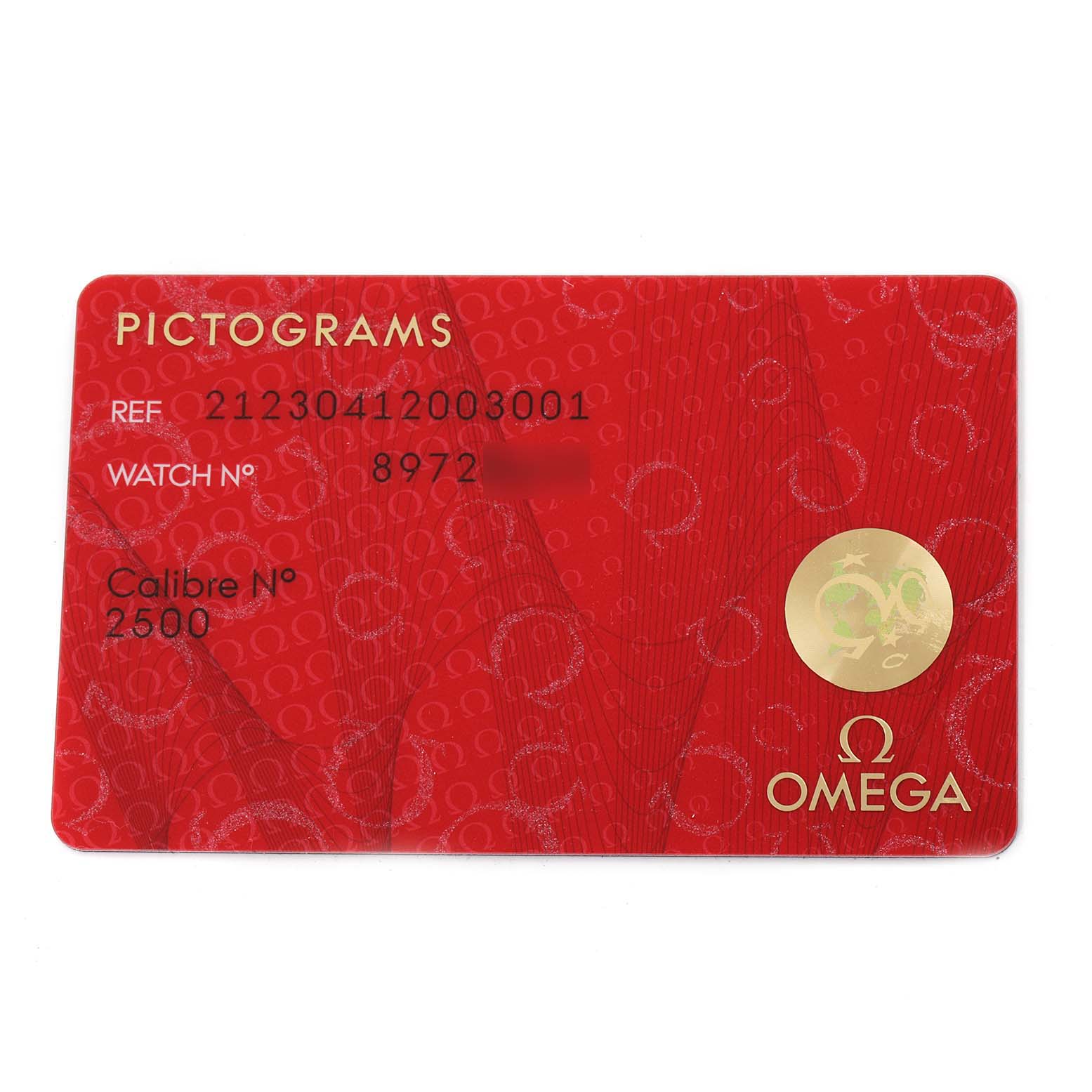 The image shows a Pictograms card of the Omega Seamaster 212.30.41.20.03.001 Men
s Stainless Steel Blue Dial 212.30.41.20.03.001 Men
s Stainless Steel Blue Dial model, indicating its reference number, watch number, and calibre.