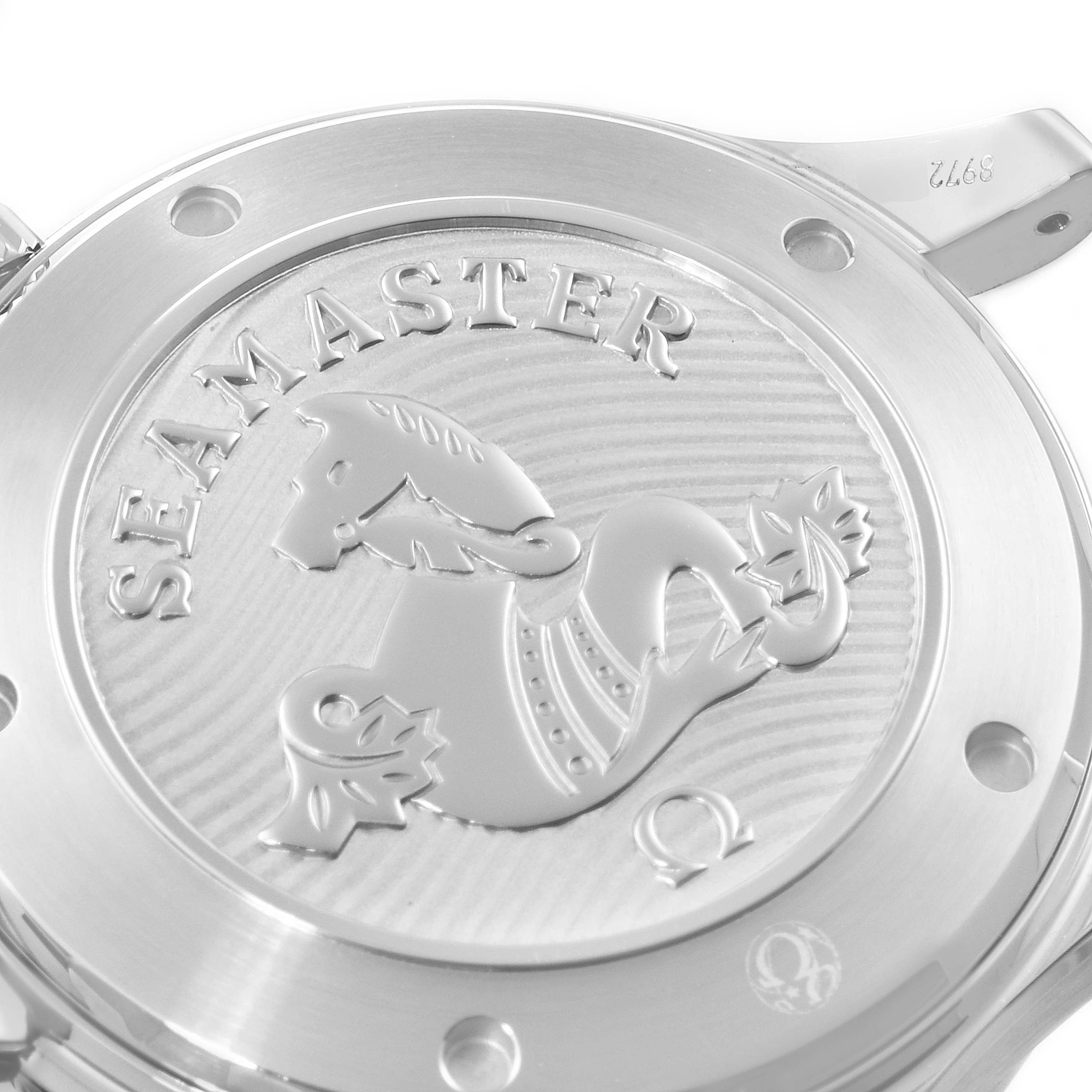 This image shows the case back of an Omega Seamaster 212.30.41.20.03.001 Men
s Stainless Steel Blue Dial 212.30.41.20.03.001 Men
s Stainless Steel Blue Dial watch, featuring an engraved seahorse and the model name "Seamaster."