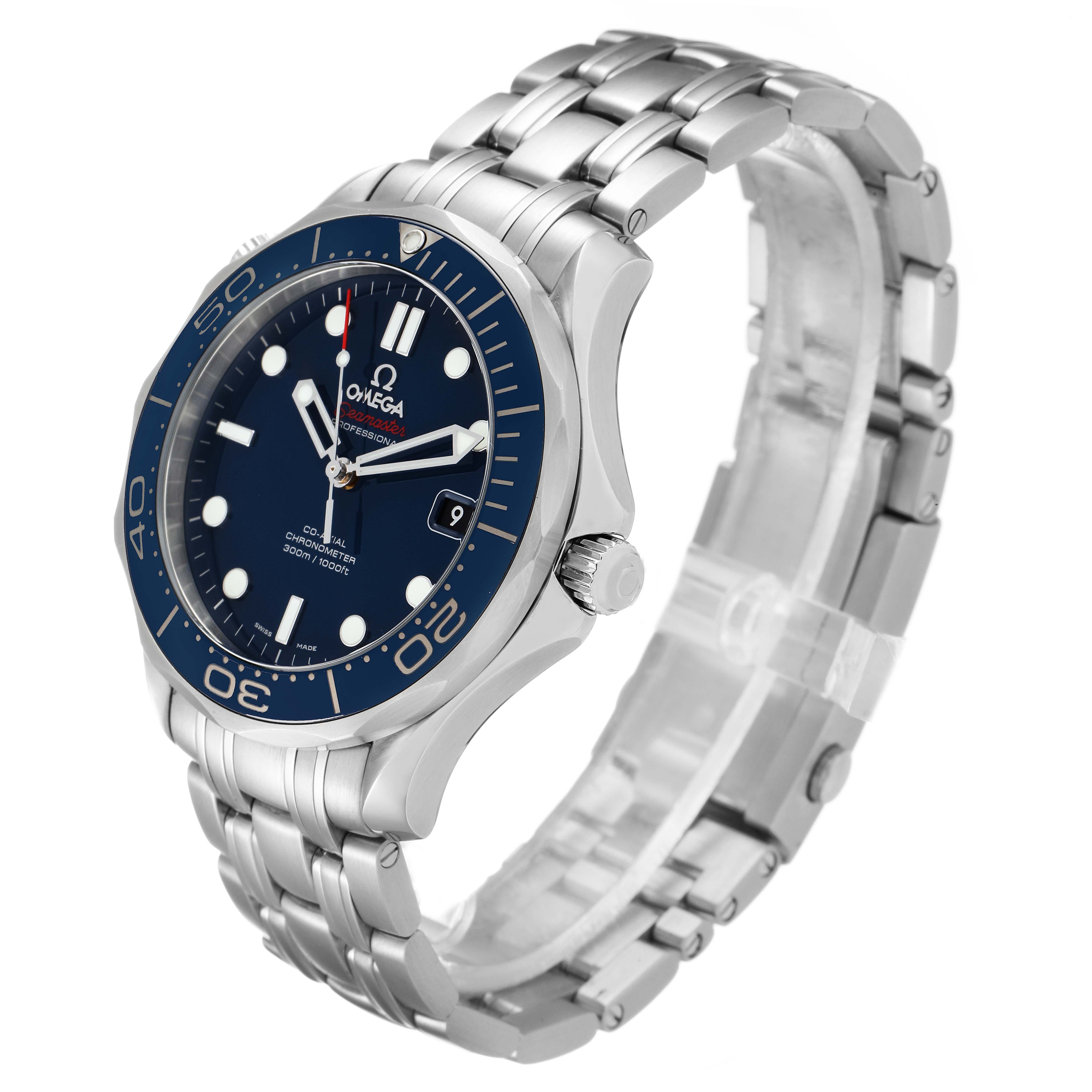 The image shows a side view of an Omega Seamaster 212.30.41.20.03.001 Men
s Stainless Steel Blue Dial 212.30.41.20.03.001 Men
s Stainless Steel Blue Dial watch featuring the dial, bezel, crown, and metal bracelet.